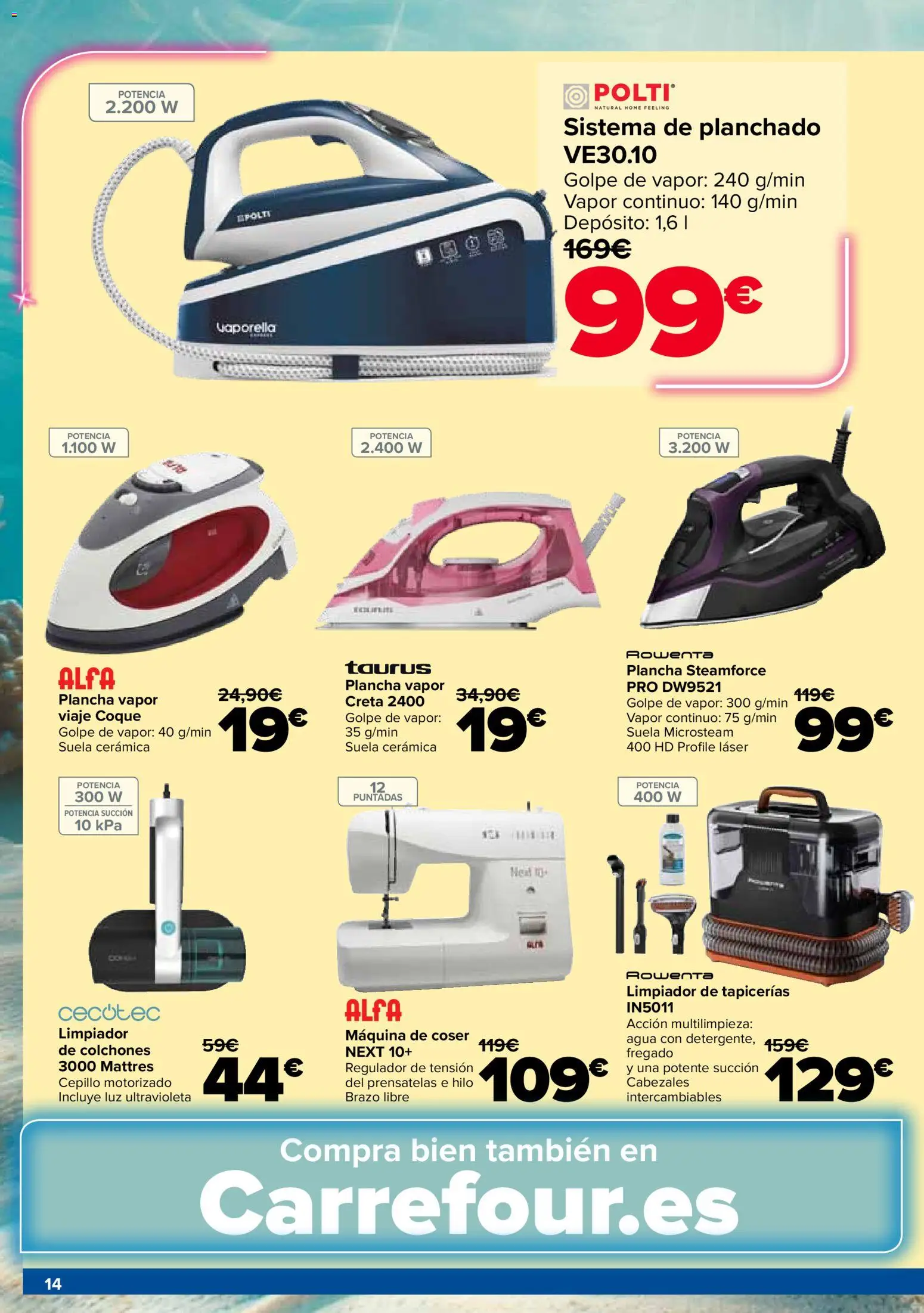 Carrefour Electroverano │ válido desde el 14/07/2026 | Página: 14 | Productos: Cepillo, Detergente, Plancha, Máquina de coser