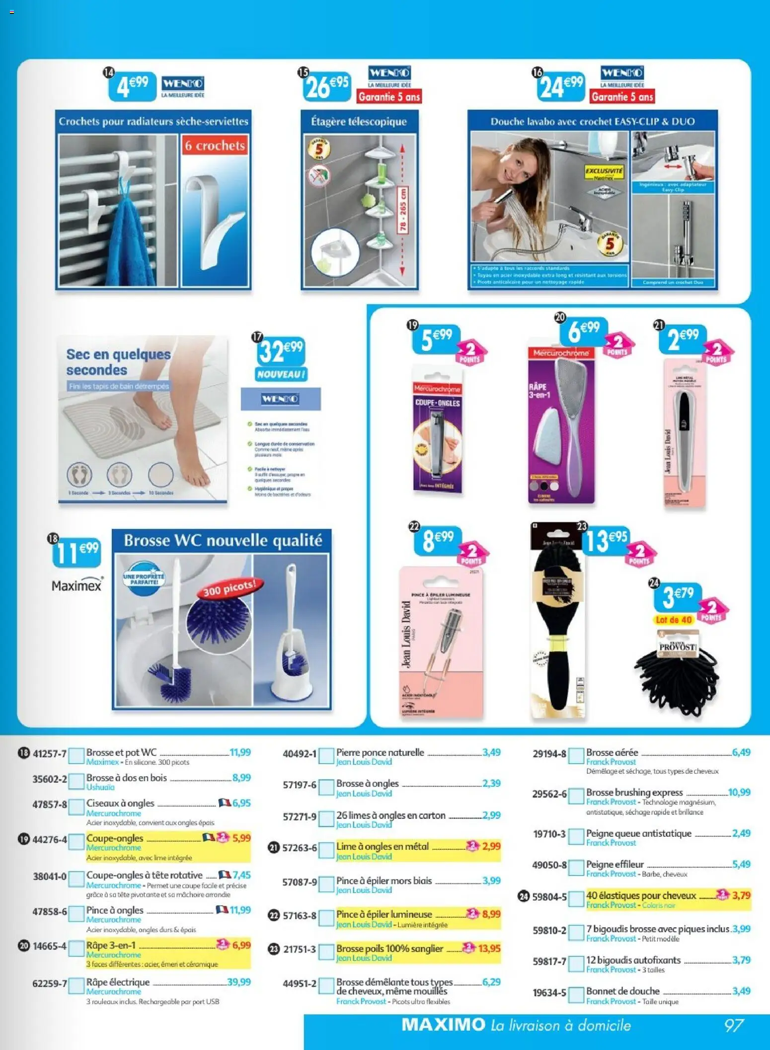 {H1} | Page: 97 | Produits: Bonnet, Tapis de bain, Râpe électrique, Peigne