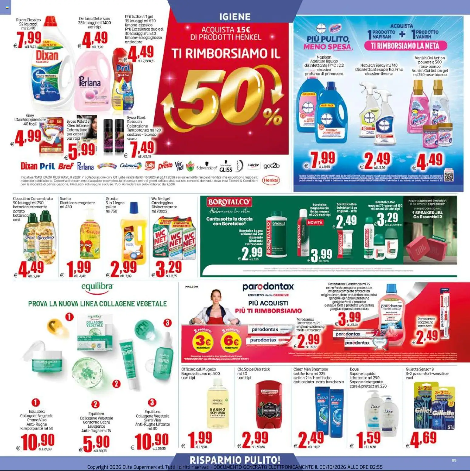 Volantino Elite Supermercati del 30/10/2026 | Pagina: 11 | Prodotti: Sapone, Dentifricio, Crema viso, Speaker