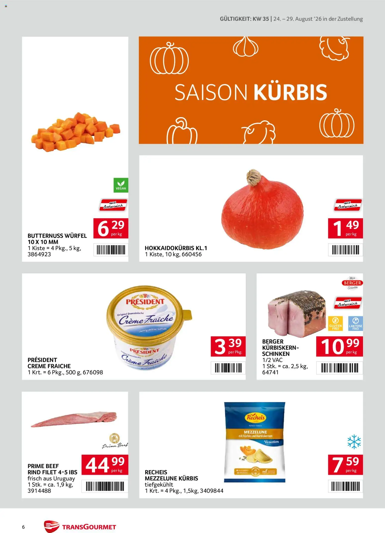 Transgourmet Zustellaktion gültig ab 24.08.2026 | Seite: 6 | Produkte: Kürbis, Creme, Schinken