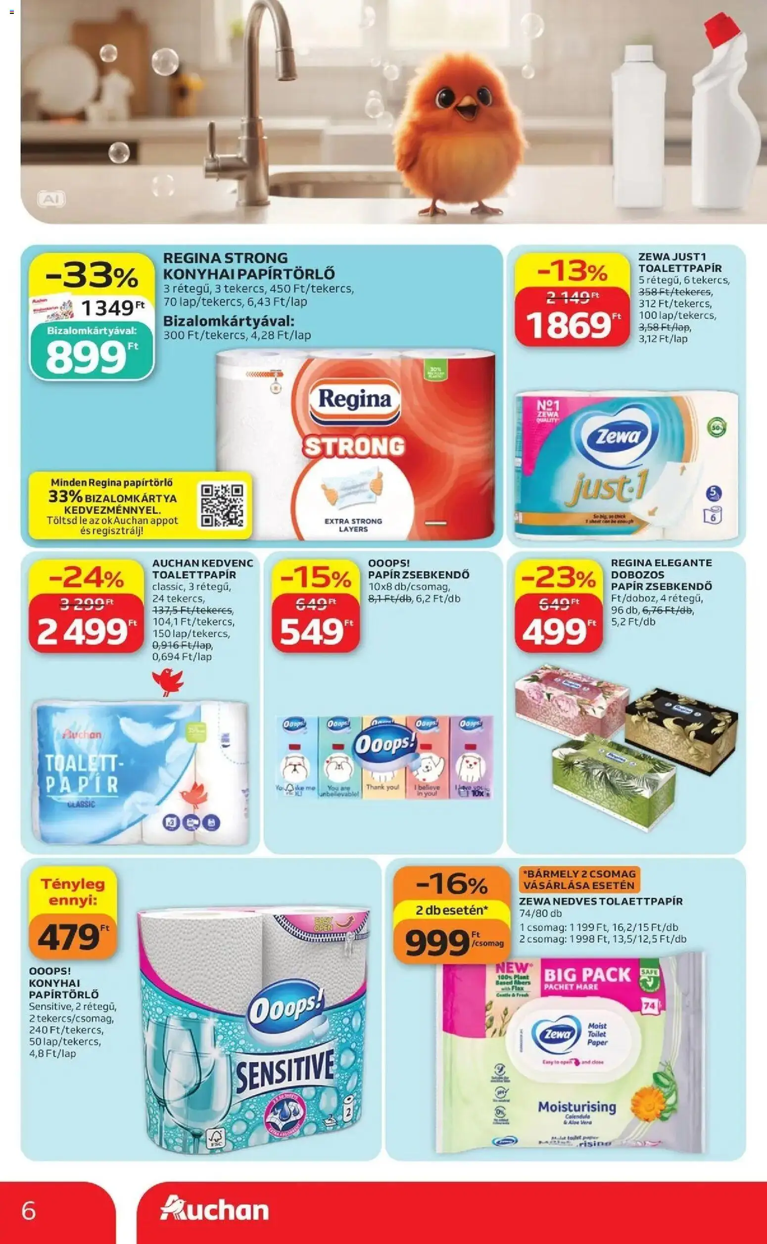 Auchan akciós újság Fót - 2026.09.24. -tól/töl > akció, lapozható szórólap 🛍️ | Oldal: 6 | Termékek: Toalettpapír, Zsebkendő, Zewa, Papír zsebkendő