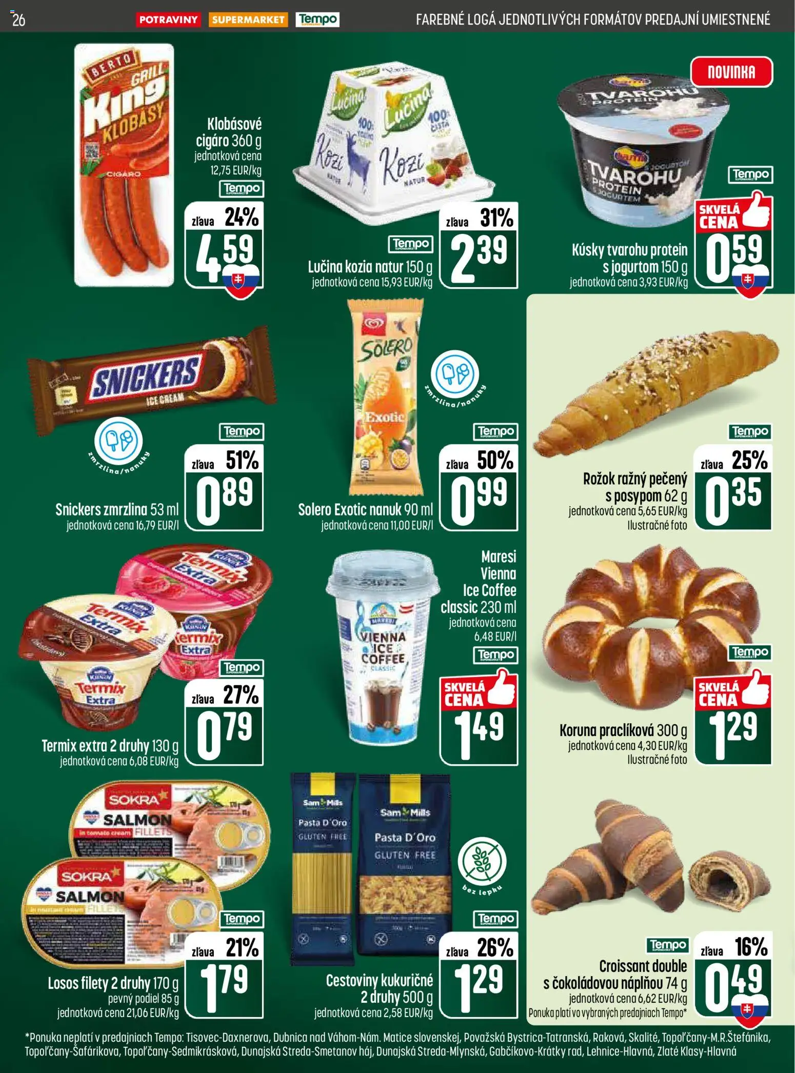 Nové COOP Jednota akcie – leták je platný od 28.05.2026 | Strana: 26 | Produkty: Rožok, Cestoviny, Zmrzlina, Losos