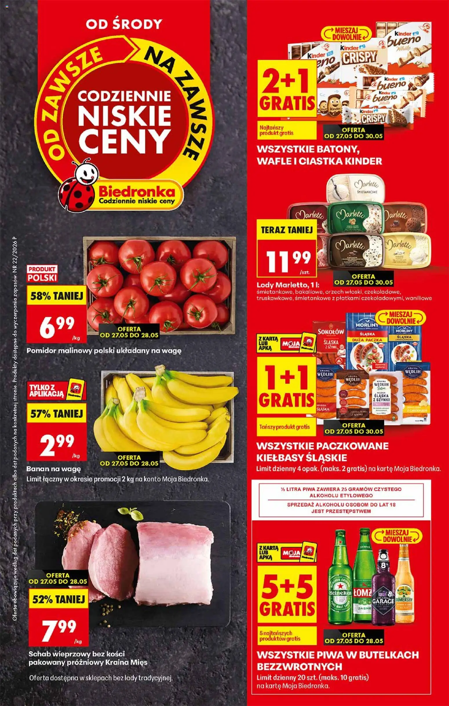 Biedronka gazetka od środy od 27.05.2026 | Strona: 1 | Produkty: Karta, Pomidor malinowy, Schab, Somersby