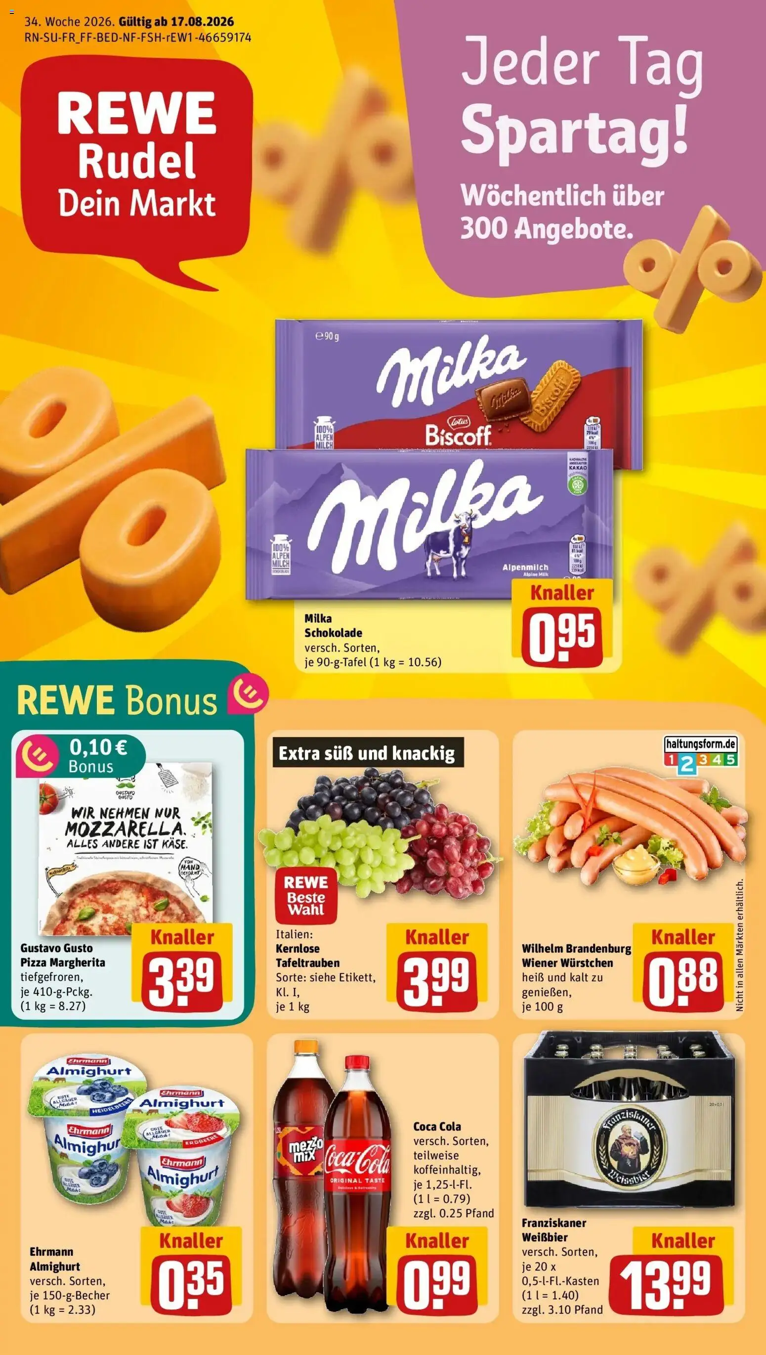 REWE Prospekt ab 17.08.2026 zum Blättern » Angebote | Seite: 1 | Produkte: Wiener wurstchen, Cola, Schokolade, Weißbier
