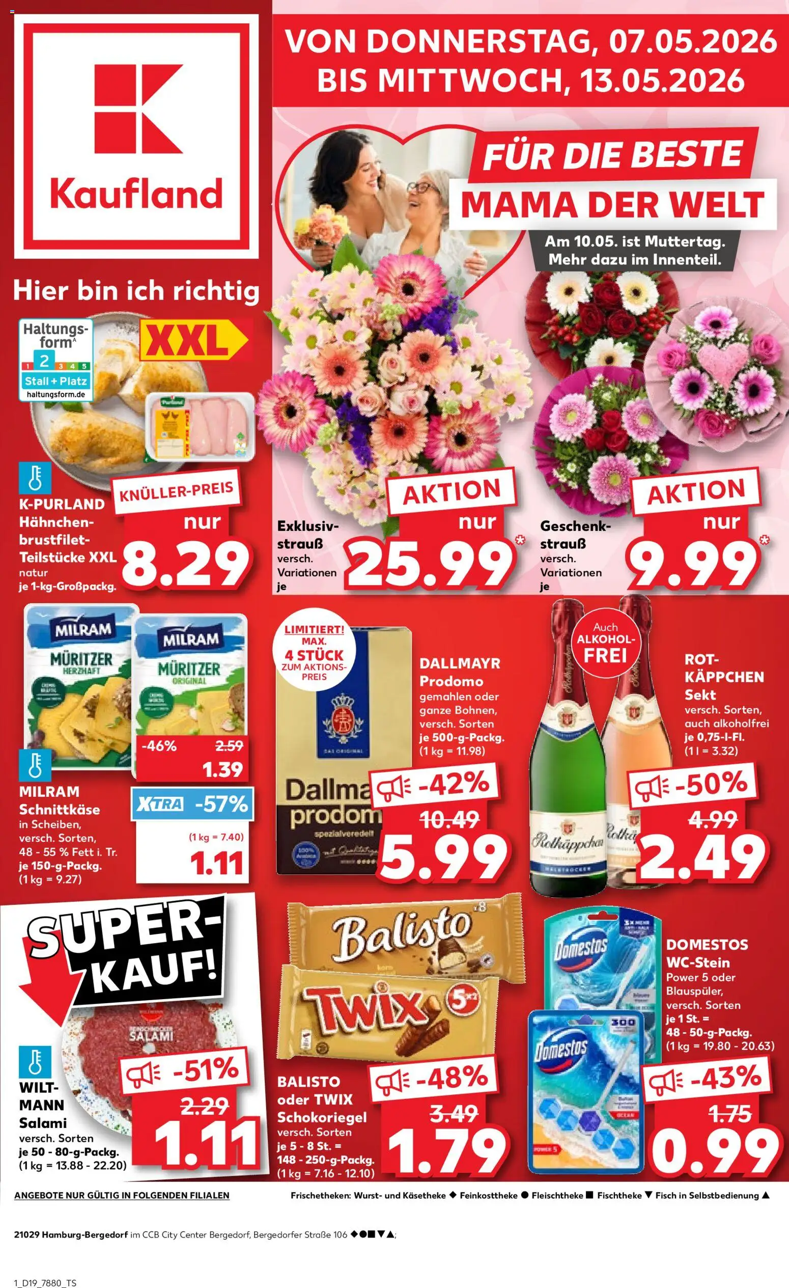 Kaufland Prospekt Hamburg	 – gültig ab 07.05.2026 | Seite: 1 | Produkte: Hahnchen, Twix, Salami, Dallmayr prodomo