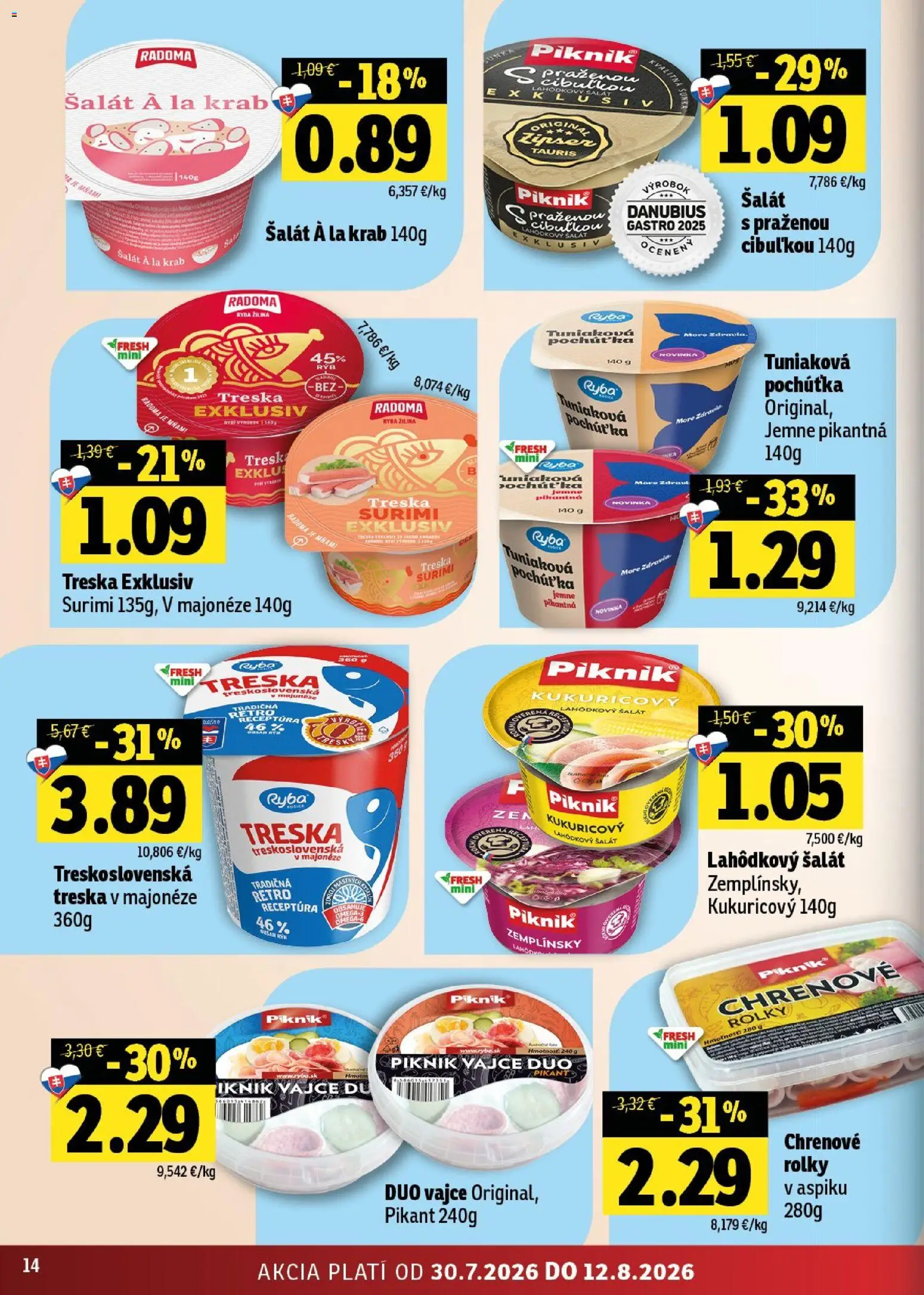Nové Fresh akcie – leták je platný od 30.07.2026 | Strana: 14 | Produkty: Ryba, Šalát, Treska