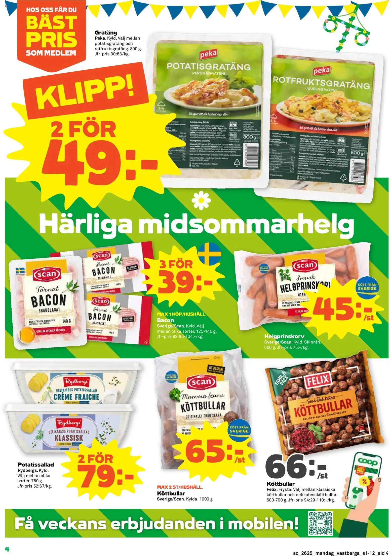 Coop Forum reklamblad aktuell från 15.06.2026 | Sida: 4 | Produkter: Potatissallad, Köttbullar, Potatisgratäng, Creme fraiche