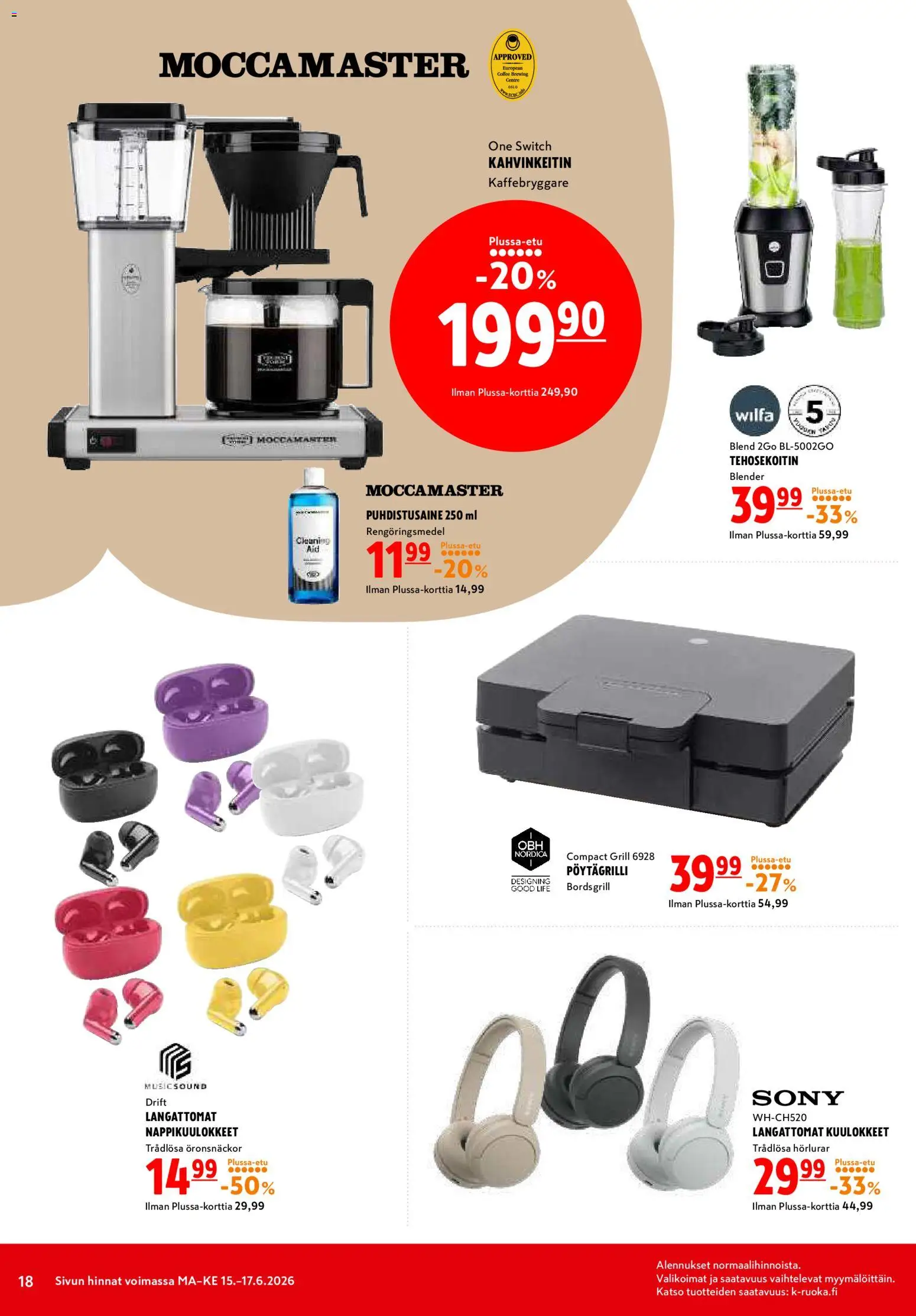 K-Citymarket tarjoukset – voimassa 15.06.2026 alkaen | Sivu: 18 | Tuotteet: Kahvinkeitin, Langattomat kuulokkeet, Puhdistusaine, Kuulokkeet