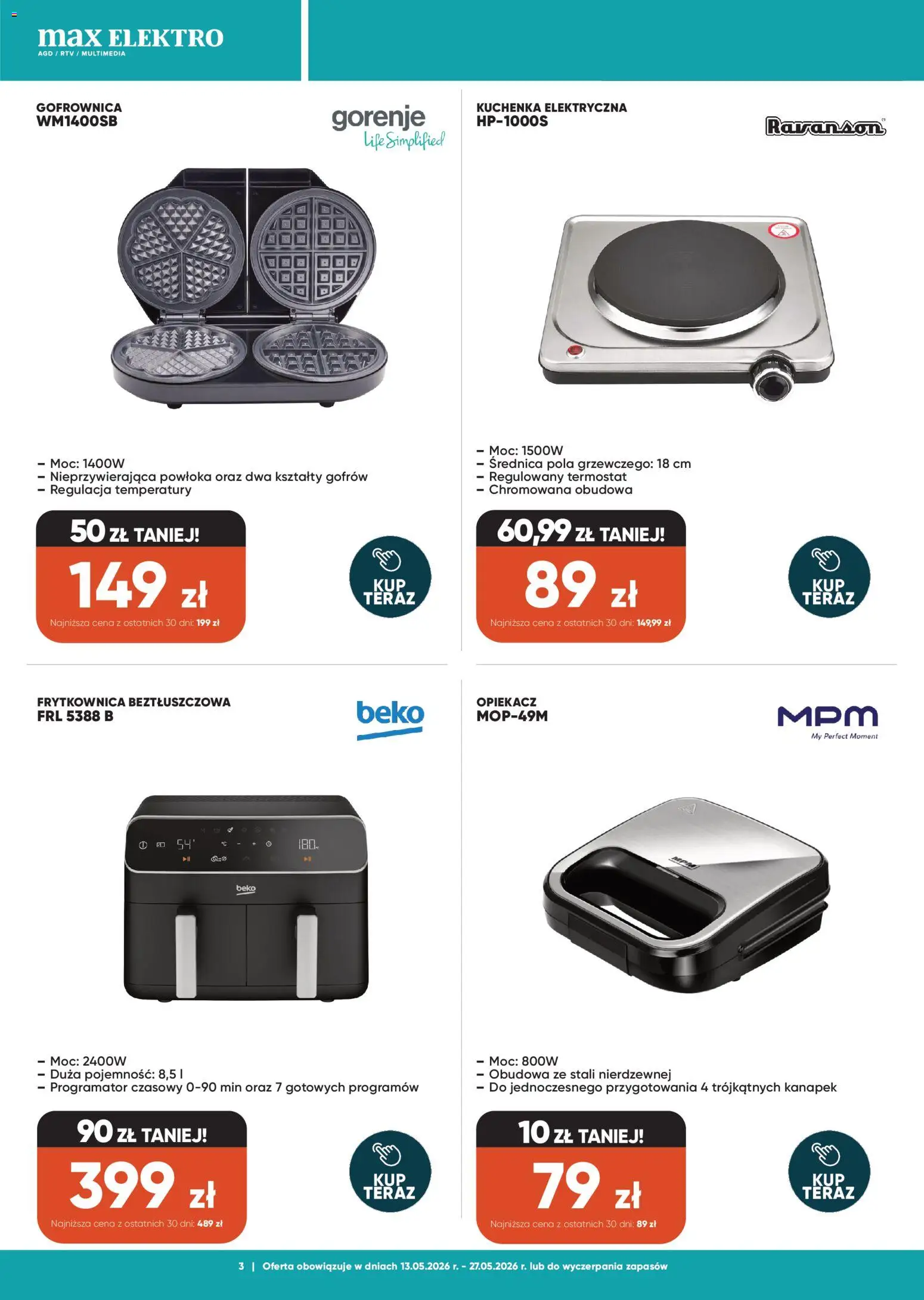 Max elektro gazetka od 13.05.2026 | Strona: 3 | Produkty: Kuchenka, Opiekacz, Gofrownica, Frytkownica beztłuszczowa