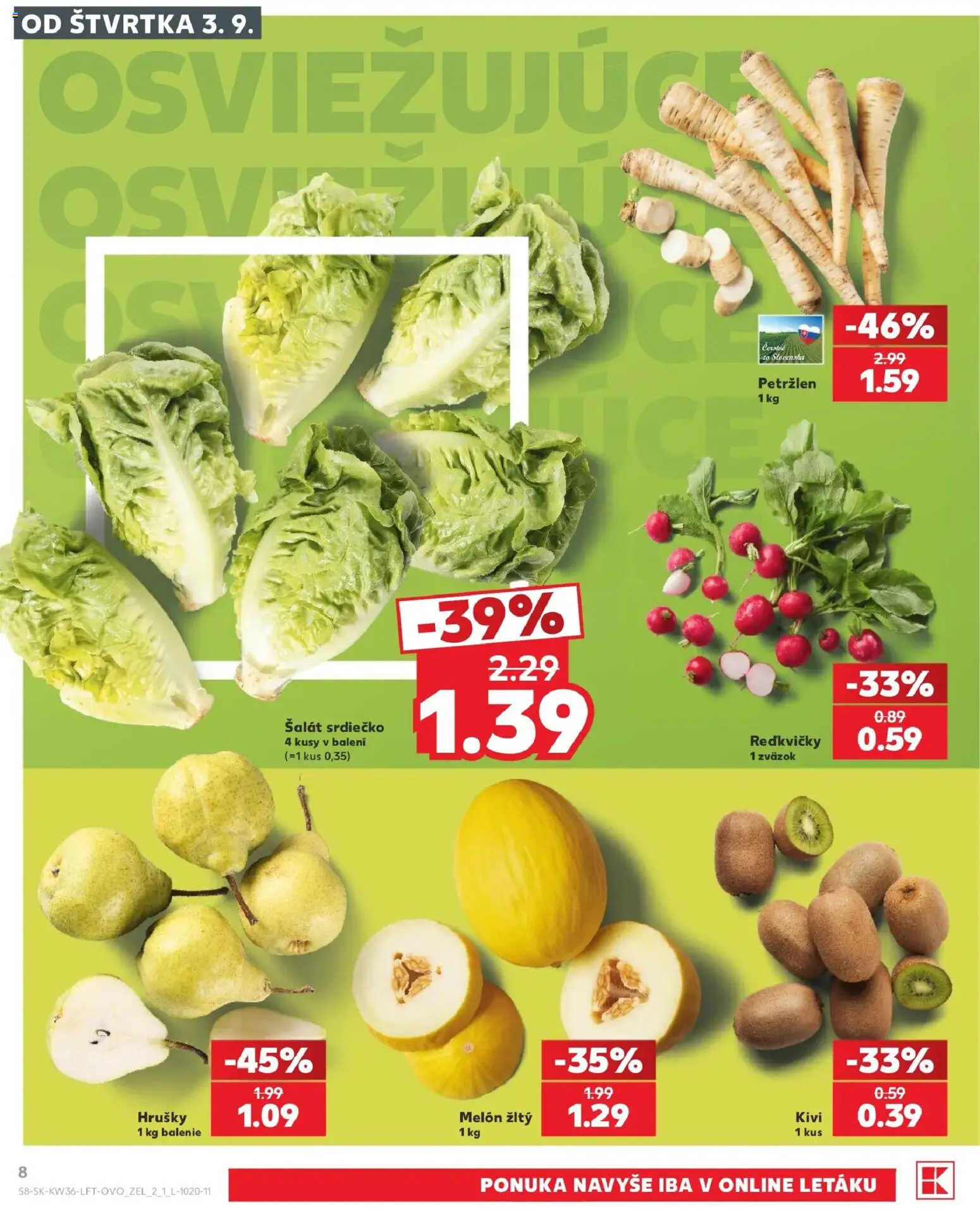 Nové Kaufland akcie – leták je platný od 03.09.2026 | Strana: 8 | Produkty: Šalát, Melón, Hrušky, Petržlen