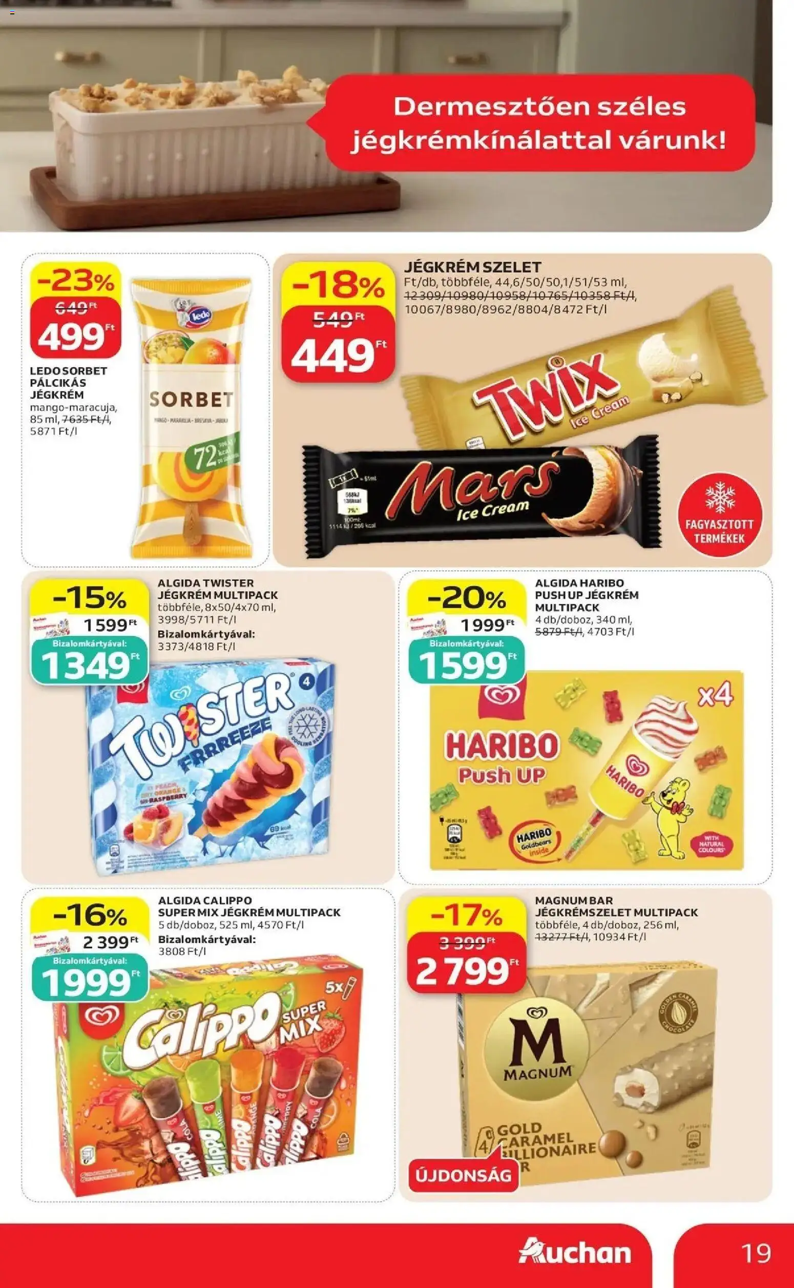Auchan akciós újság Szolnok - 2026.08.13. -tól/töl > akció, lapozható szórólap 🛍️ | Oldal: 19 | Termékek: Haribo, Szelet, Twix, Jégkrém