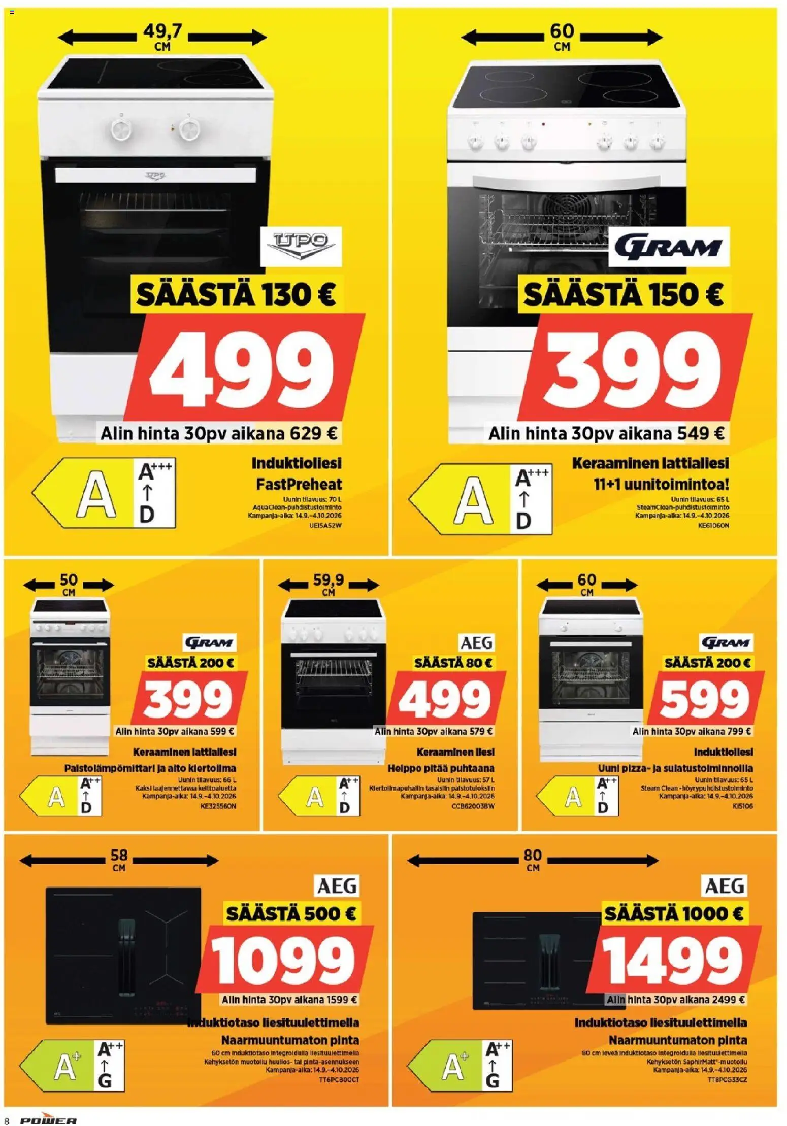 Power tarjoukset – voimassa 28/09/2026 alkaen | Sivu: 8 | Tuotteet: Induktiotaso, Uuni, Pizza, Lattialiesi