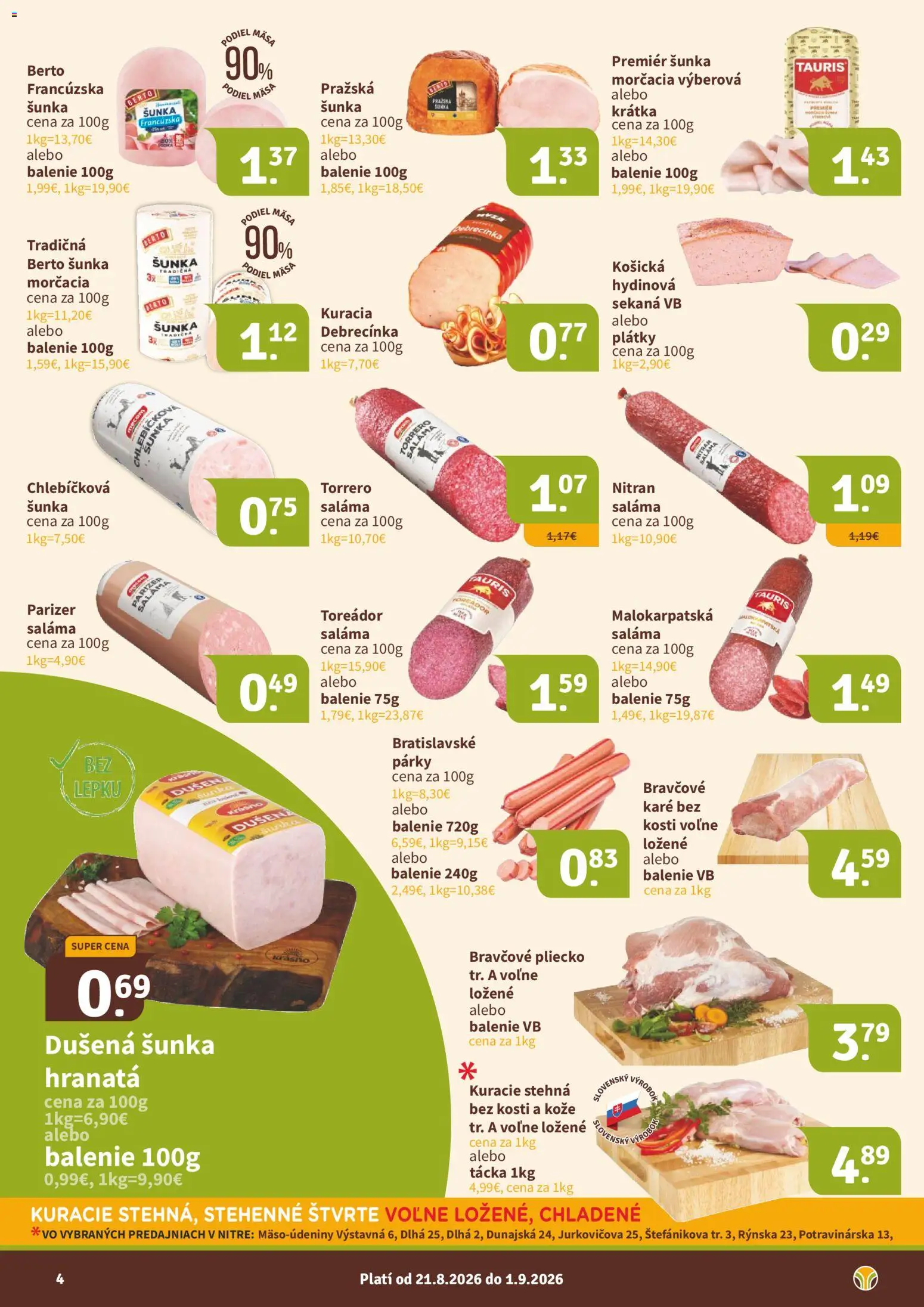 Nové Nitrazdroj akcie – leták je platný od 21.08.2026 | Strana: 4 | Produkty: Saláma, Bravčové pliecko, Kuracie stehná, Párky