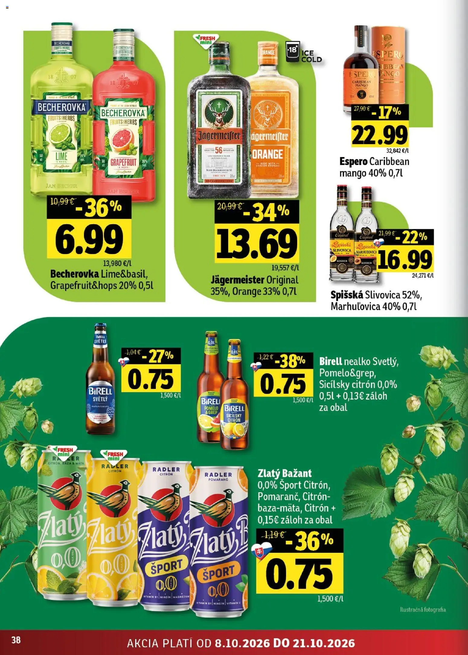 Nové Fresh akcie – leták je platný od 08.10.2026 | Strana: 38 | Produkty: Jägermeister, Becherovka, Slivovica, Pomelo