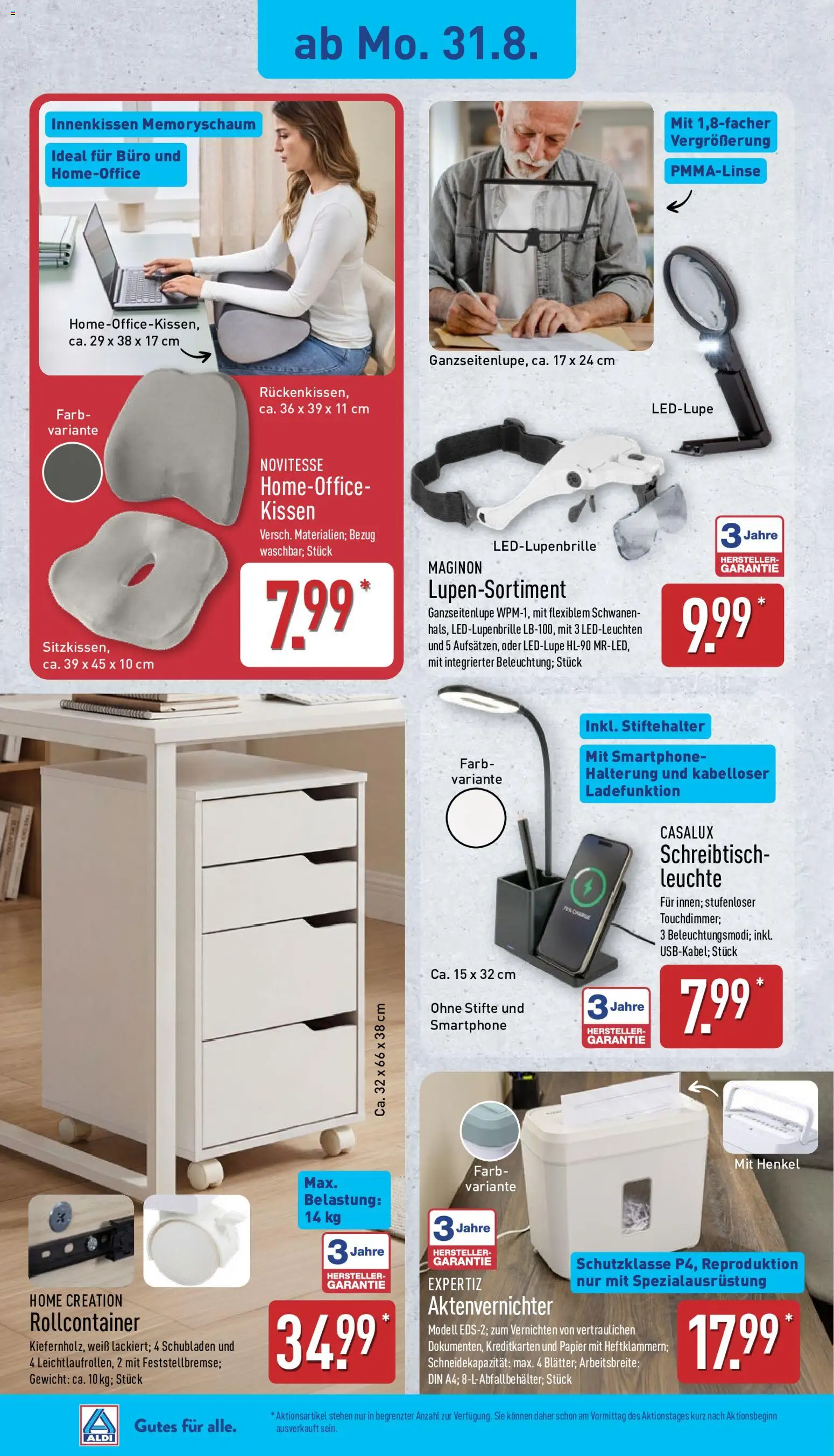 Aldi Prospekt – gültig ab 31.08.2026 | Seite: 4 | Produkte: Aktenvernichter, Gewicht, Kissen, Home creation