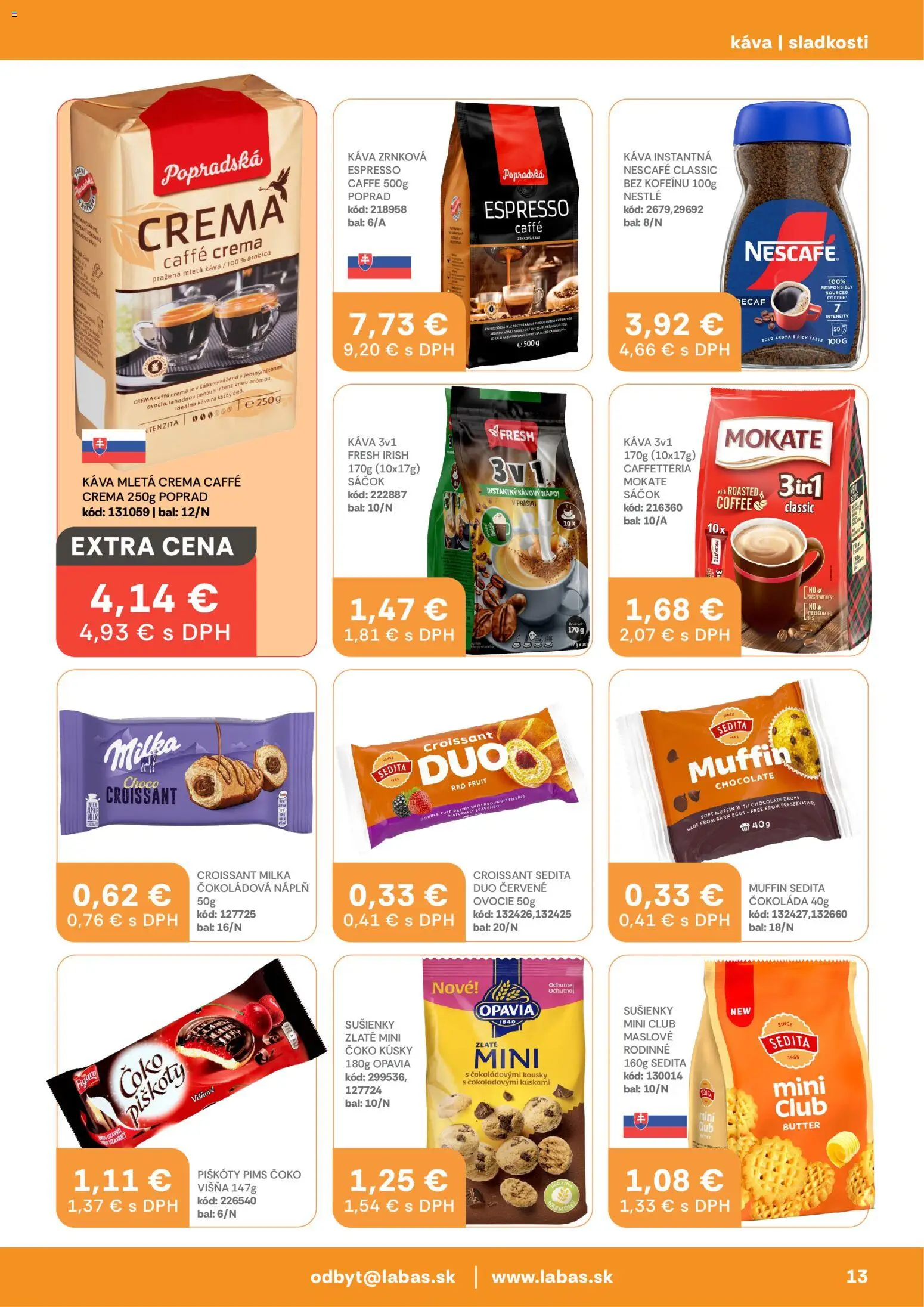 Nové Labaš akcie – leták je platný od 24.04.2026 | Strana: 13 | Produkty: Káva, Croissant, Milka, Nescafé Classic