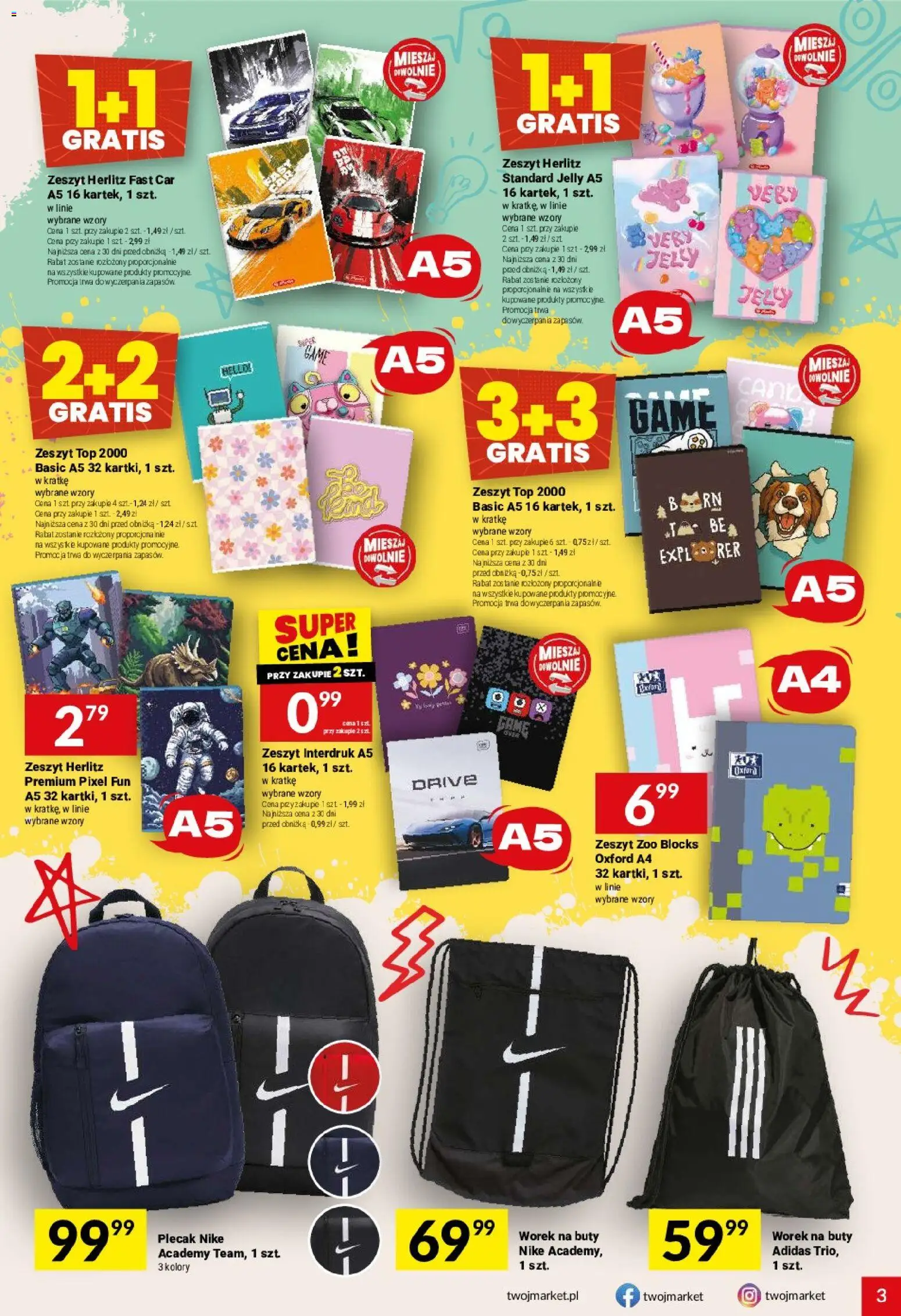 Twój Market gazetka od 19.08.2026 | Strona: 3 | Produkty: Top, Buty, Plecak, Zeszyt