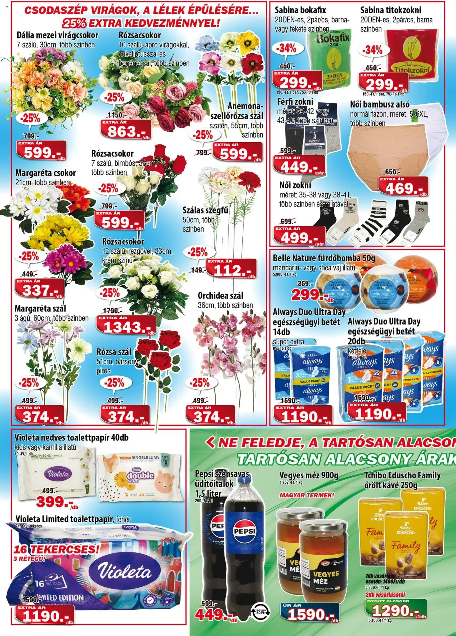 Vianni akciós ujság - amely érvényes a következő dátumtól: 06.05.2026 | Oldal: 2 | Termékek: Pepsi, Titokzokni, Méz, Őrölt kávé