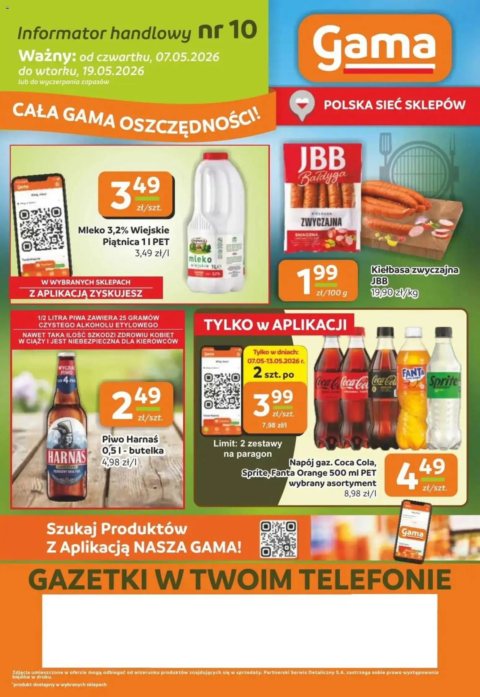 Gama gazetka od 07.05.2026 | Strona: 12 | Produkty: Kiełbasa, Sprite, Harnaś, Piwo