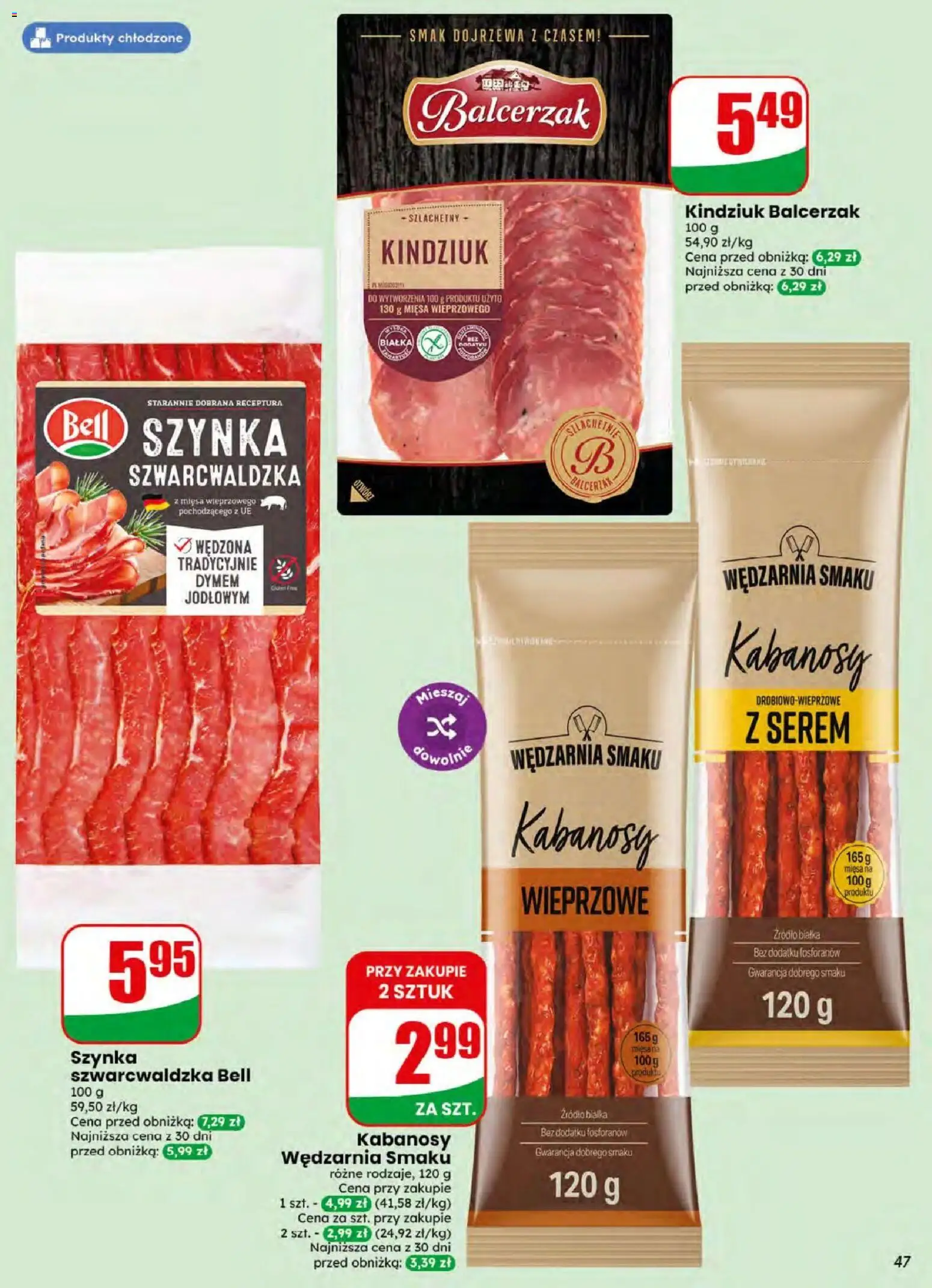 Dino gazetka od 08.07.2026 | Strona: 47 | Produkty: Bell, Kabanosy, Szynka, Kindziuk