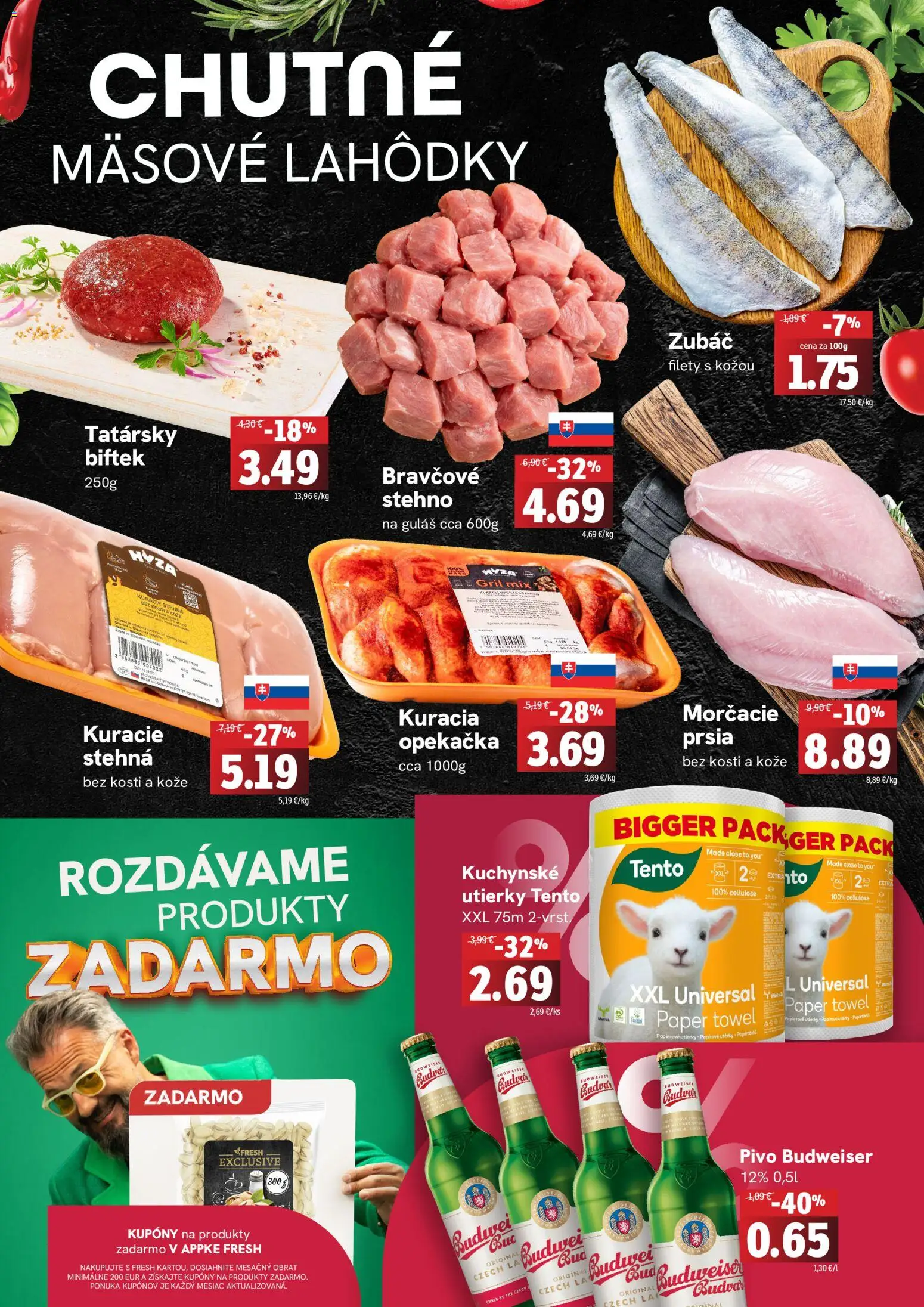 Nové Fresh akcie – leták je platný od 11.06.2026 | Strana: 2 | Produkty: Gril, Budvar, Kuracie stehná