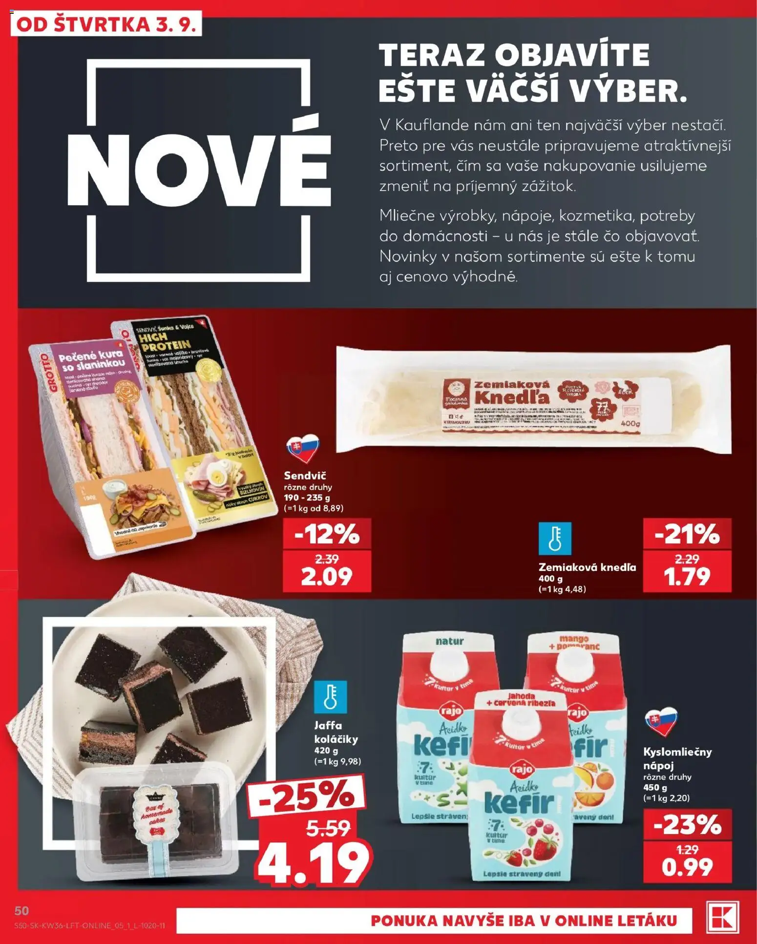 Nové Kaufland akcie – leták je platný od 03.09.2026 | Strana: 50 | Produkty: Šunka, Protein, Acidko, Sendvič