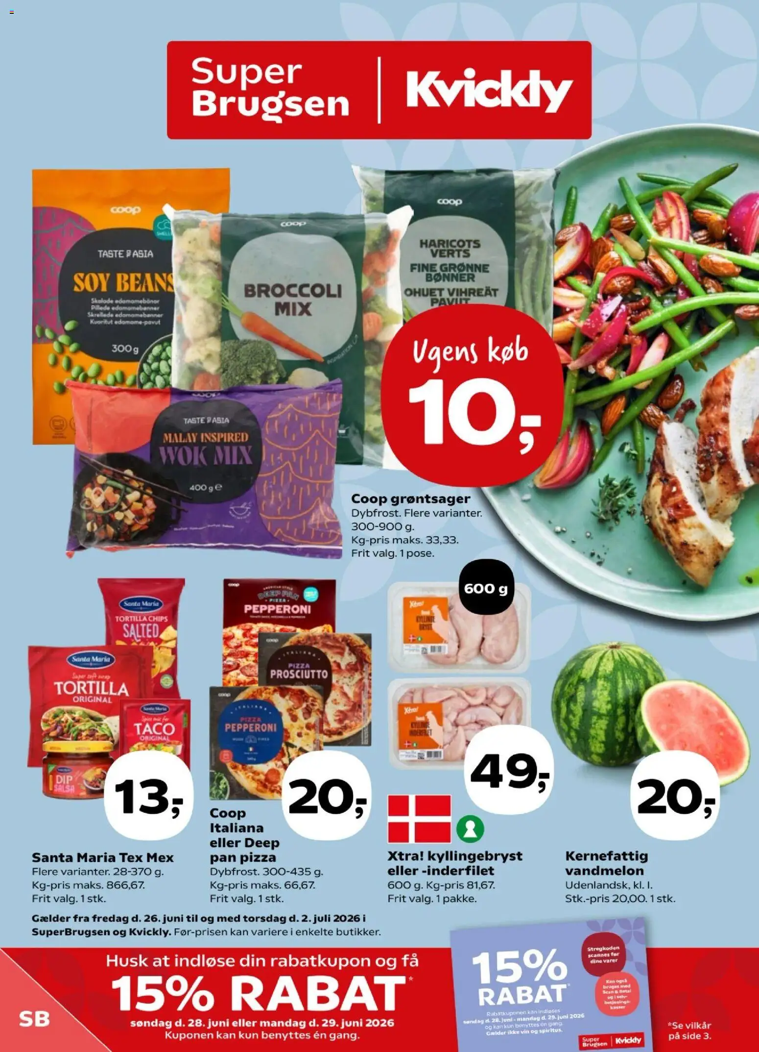 Super Brugsen tilbudsavis – gyldig fra 26/06/2026 | Side: 1 | Produkter: Pizza, Chips, Vandmelon, Bønner