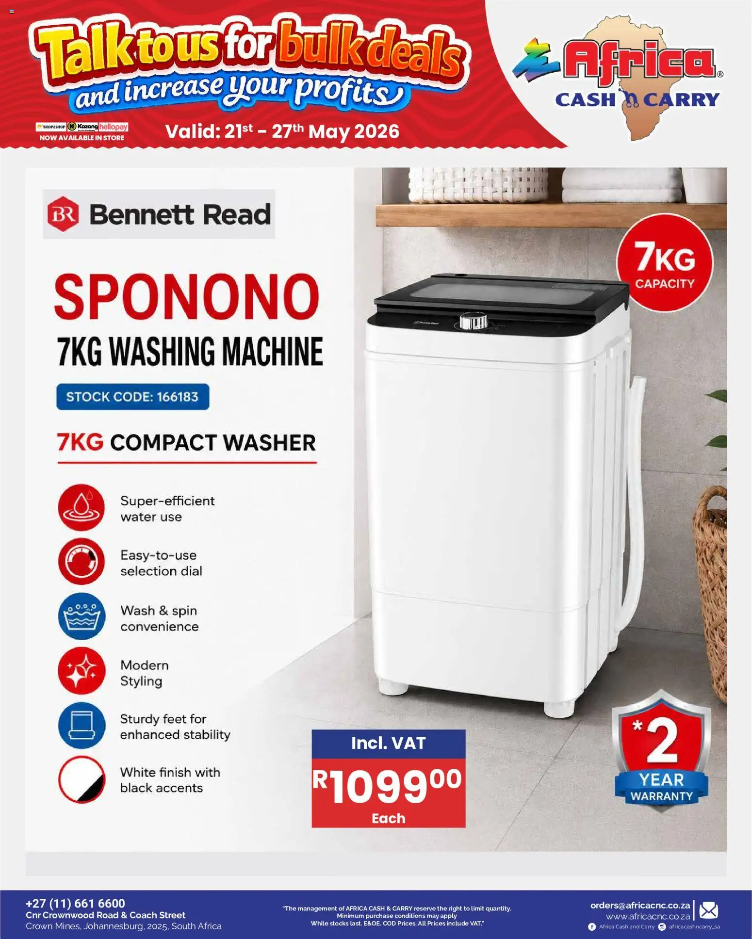 New Africa Cash & Carry catalogue – valid from 21.05.2026 | Page: 63 | Products: Washing machine, Stock, Water