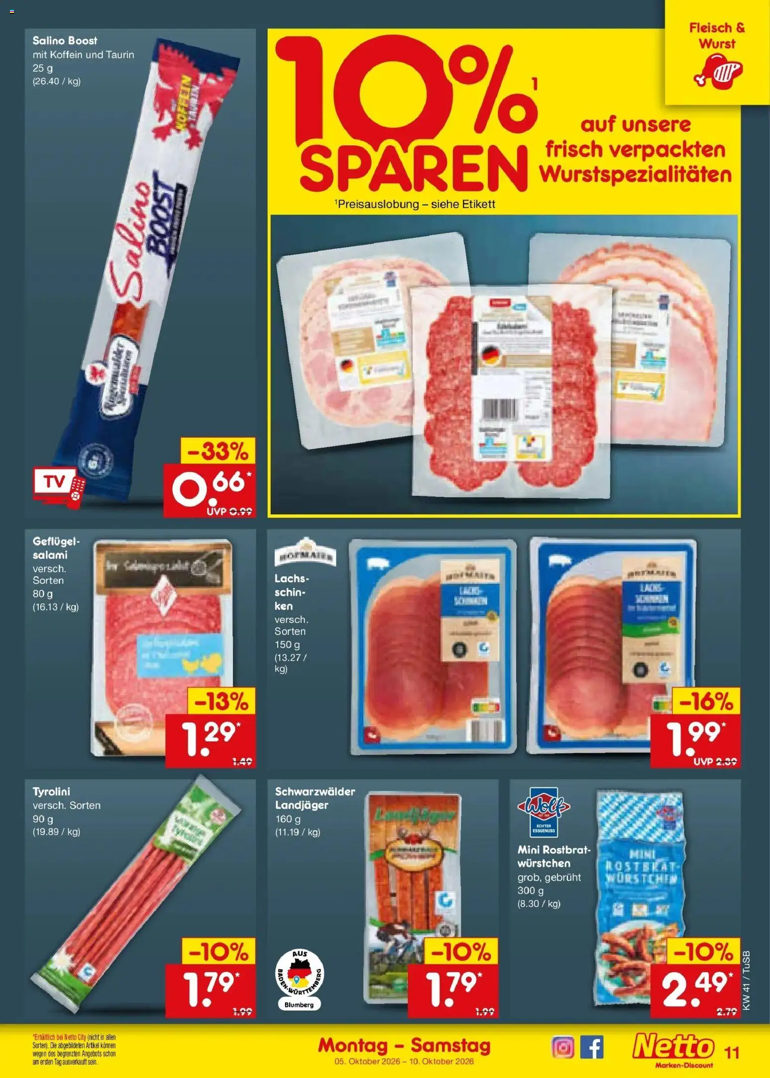 Netto Marken-Discount Prospekt Sindelfingen – gültig ab 05.10.2026 | Seite: 11 | Produkte: Lachs, Wurst, Salami, Fleisch