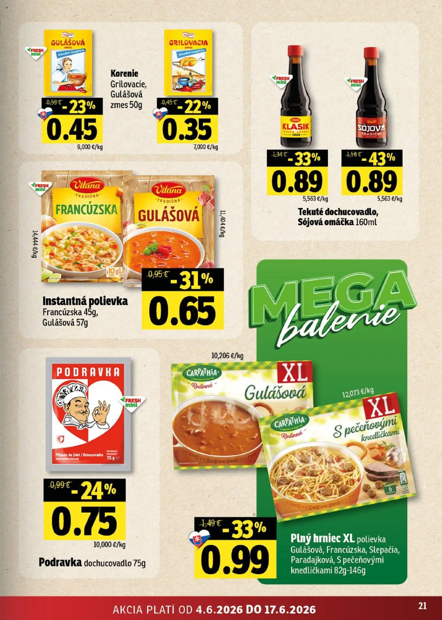 Nové Fresh akcie – leták je platný od 04.06.2026 | Strana: 21 | Produkty: Korenie, Omáčka