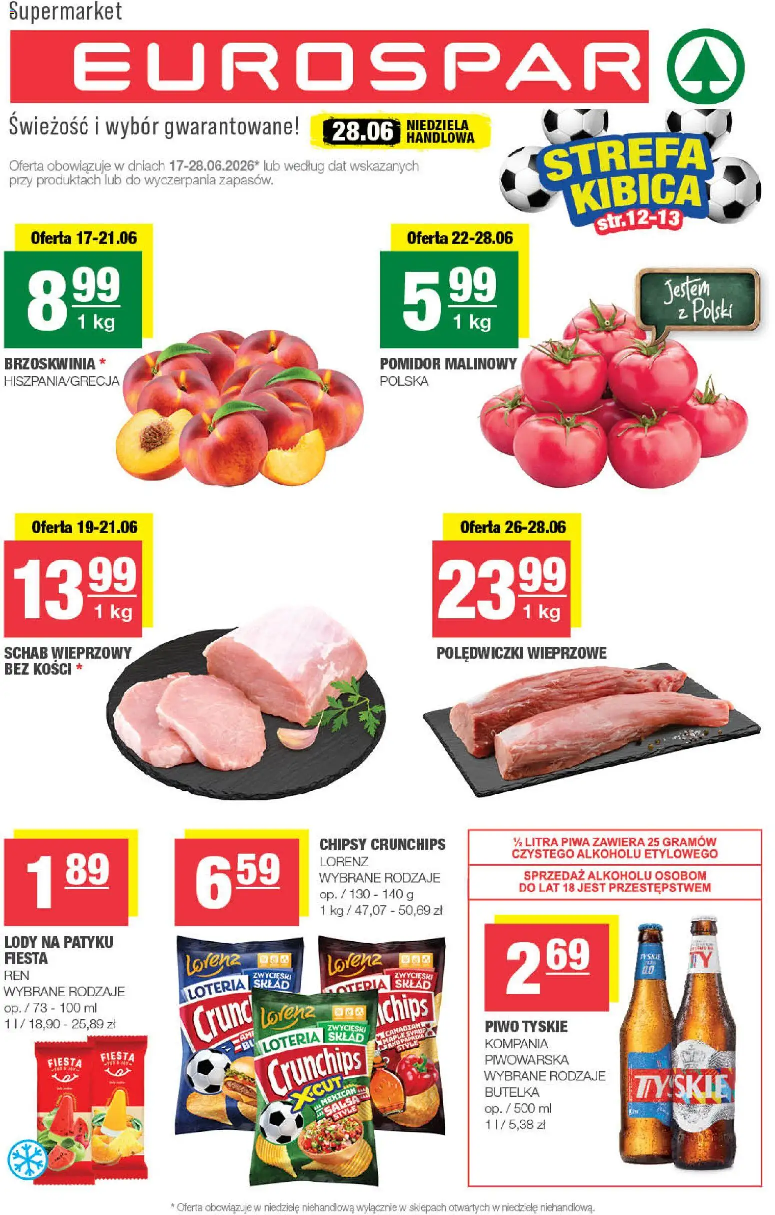 Spar gazetka - Eurospar od 17.06.2026 | Strona: 1 | Produkty: Chipsy, Schab, Schab wieprzowy bez kości, Lody na patyku