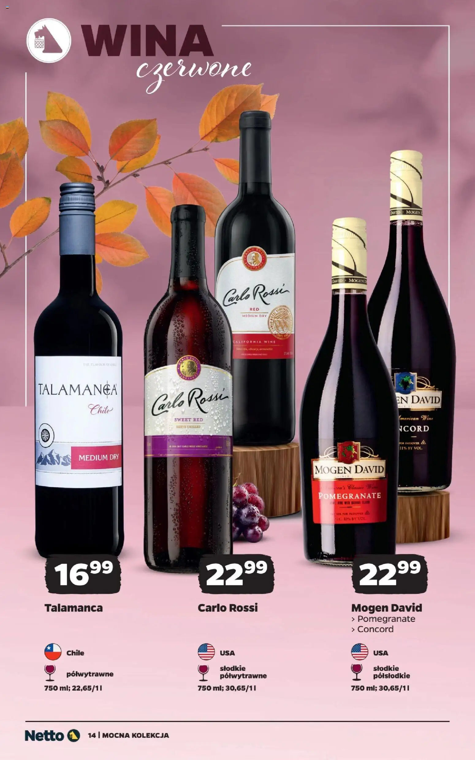 Netto gazetka - Wina od 25.10.2026 | Strona: 14 | Produkty: Mogen david pomegranate, Por, Carlo Rossi, Wina czerwone