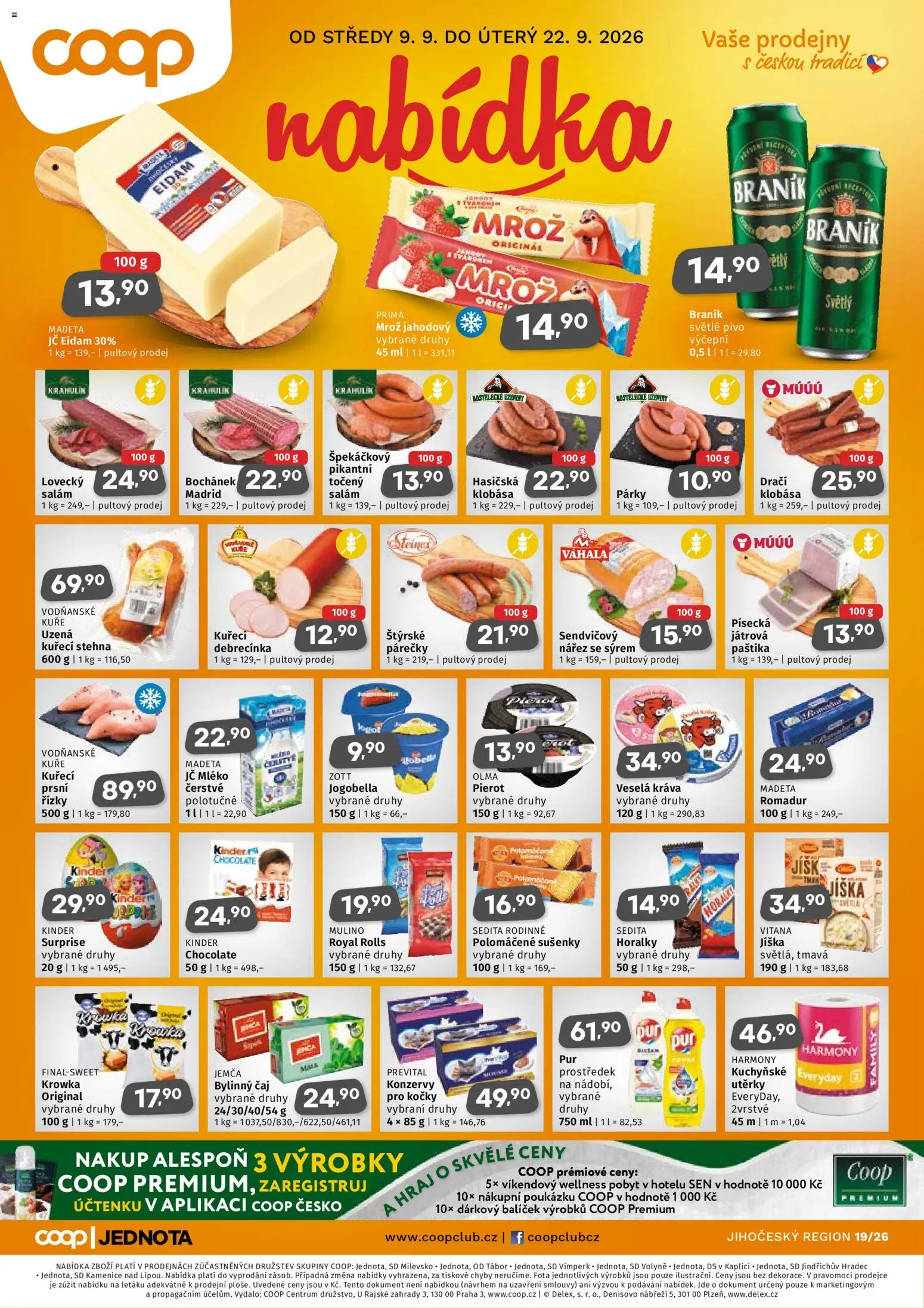 Coop leták - Jihočeský region od 09.09.2026 | Strana: 1 | Produkty: Jíška, Pivo, Utěrky, Romadur