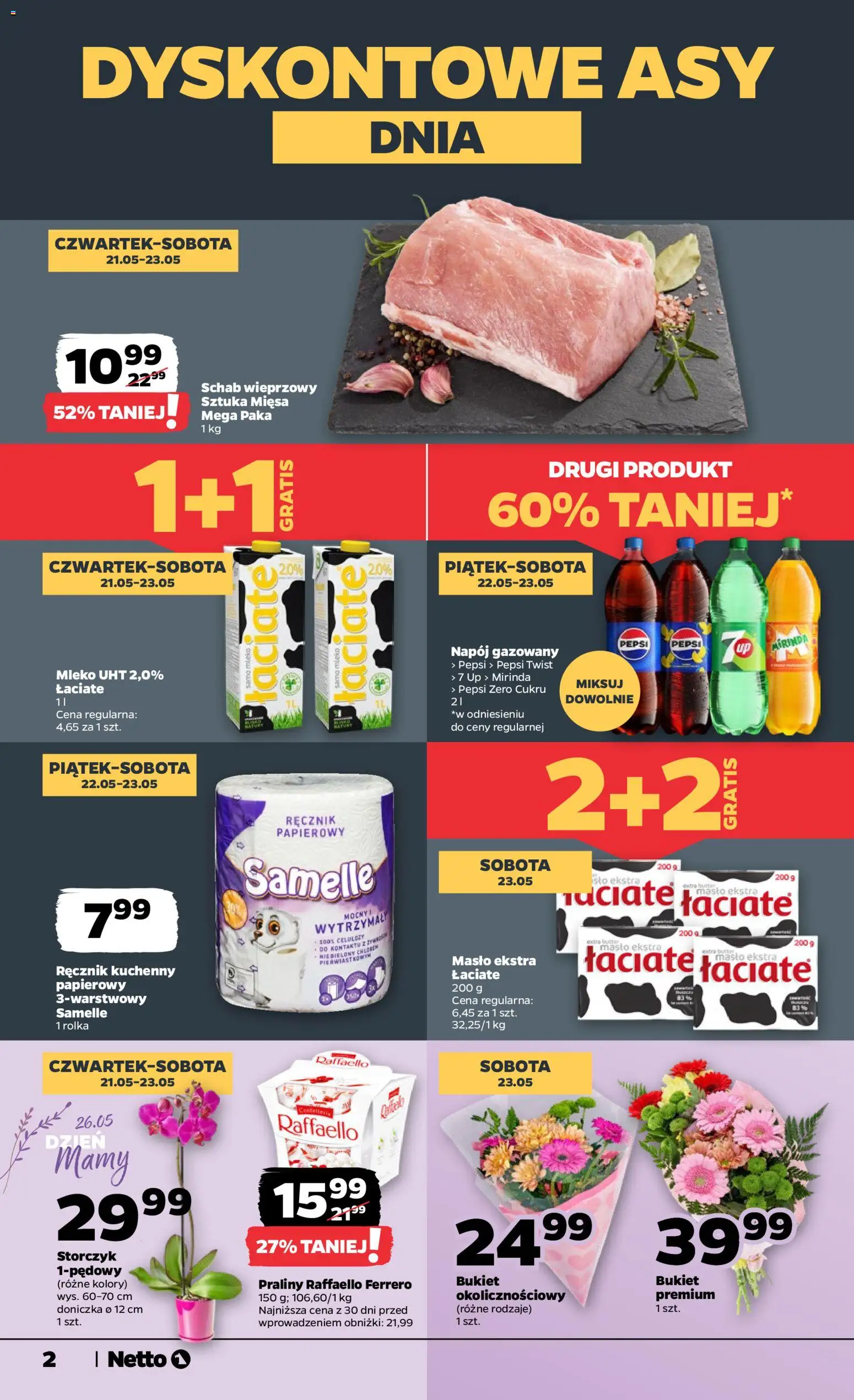 Netto gazetka od czwartku spożywcza od 21.05.2026 | Strona: 2 | Produkty: Schab, Praliny, Doniczka, Mleko