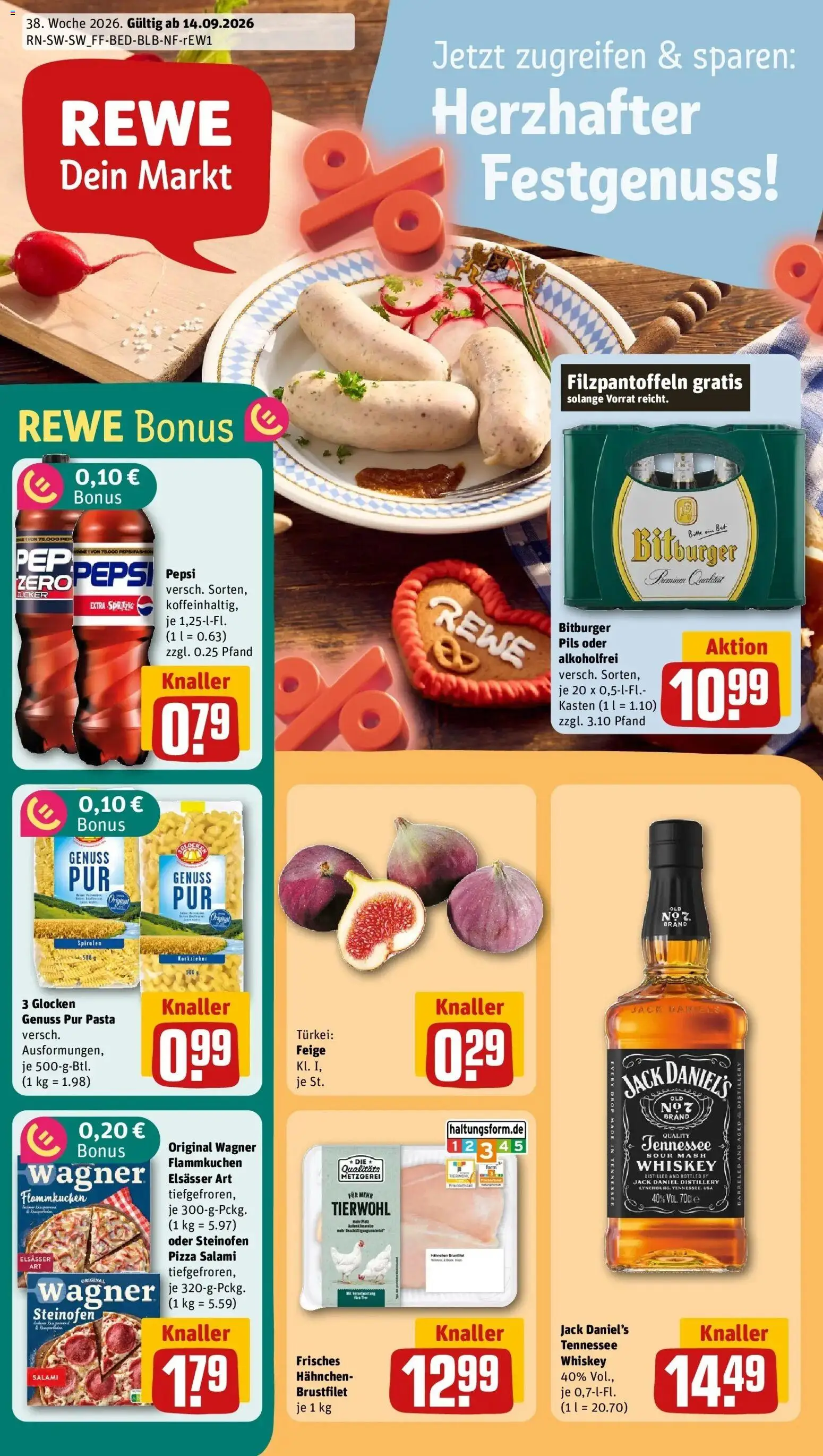REWE Prospekt ab 14.09.2026 zum Blättern » Angebote | Seite: 1 | Produkte: Hahnchen, Pils, Jack Daniel's, Whiskey