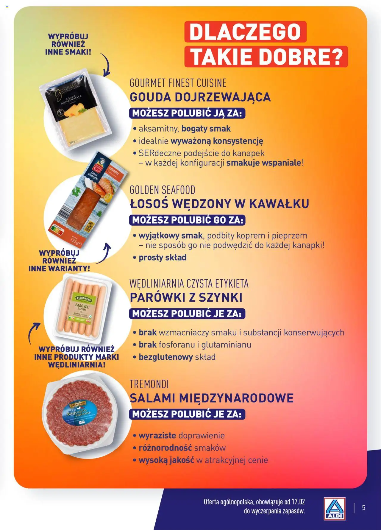 Aldi Gazetka - Wielki test od 17.02.2025 | Strona: 5 | Produkty: Łosoś wędzony, Łosoś atlantycki, Parówki z szynki, Parówki