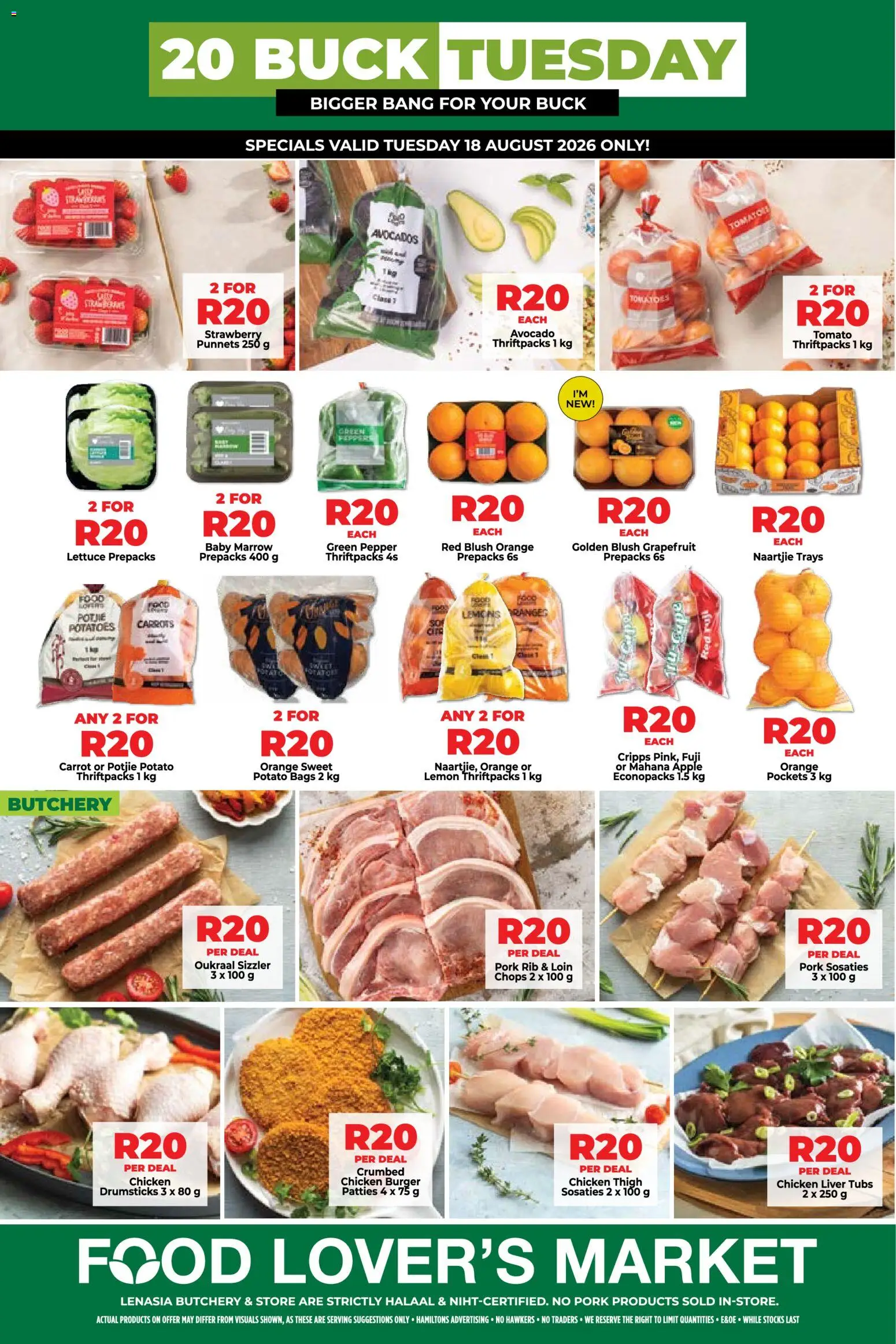 New Food Lover's Market catalogue – valid from 18/08/2026 | Page: 1 | Products: Pork, Blush, Avocados, Potatoes