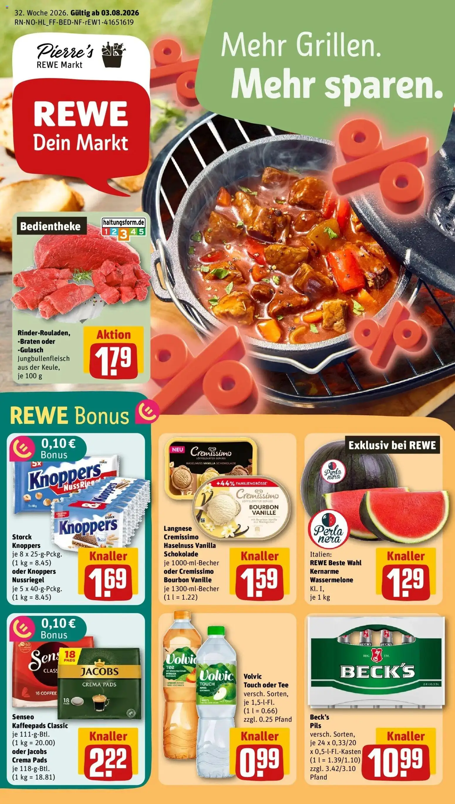 Rewe Prospekt Klein Nordende – gültig ab 03.08.2026 | Seite: 1 | Produkte: Cremissimo, Vanille, Knoppers, Volvic