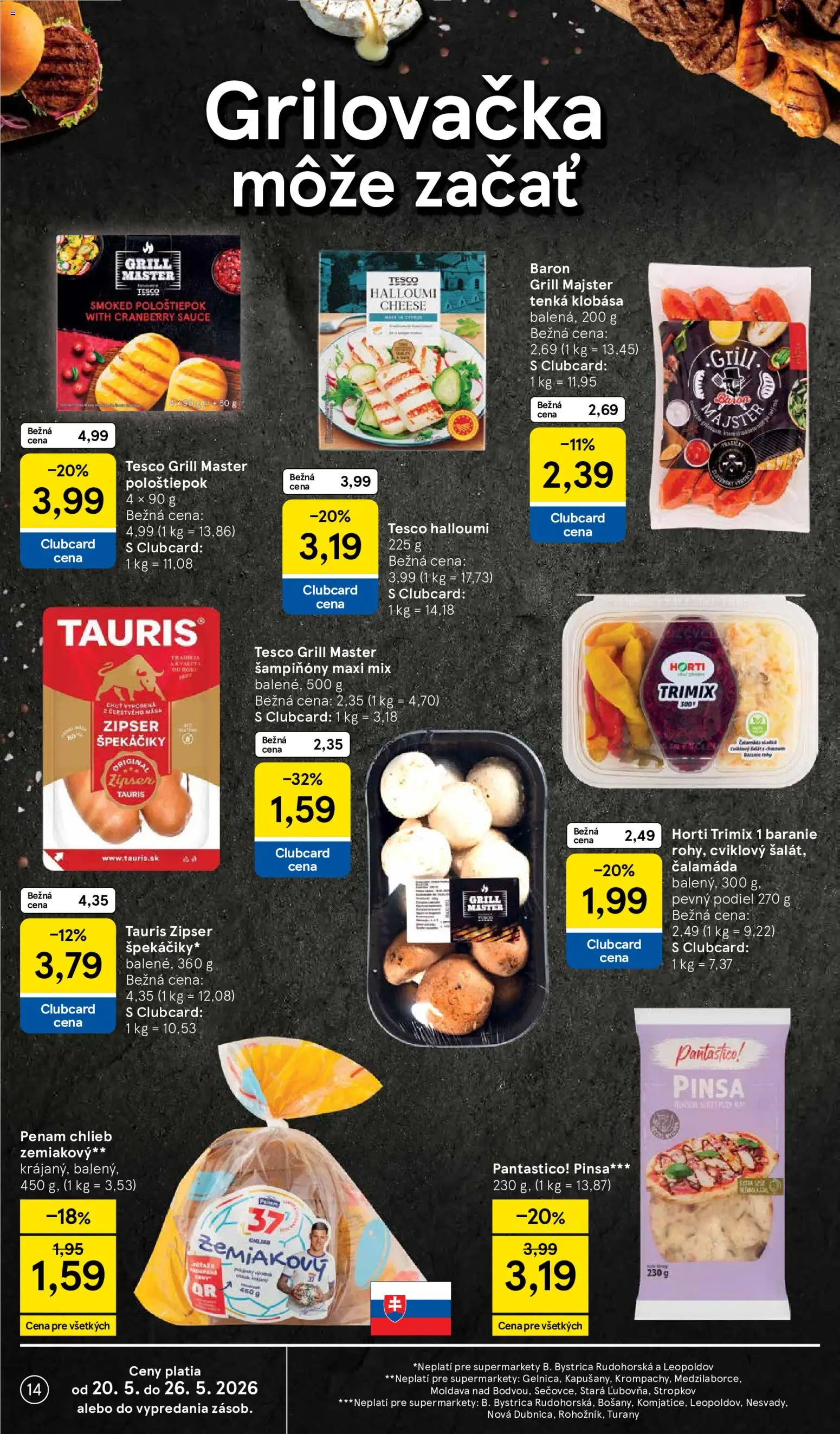 Nové Tesco akcie – leták je platný od 20.05.2026 | Strana: 14 | Produkty: Chlieb, Pizza, Klobása