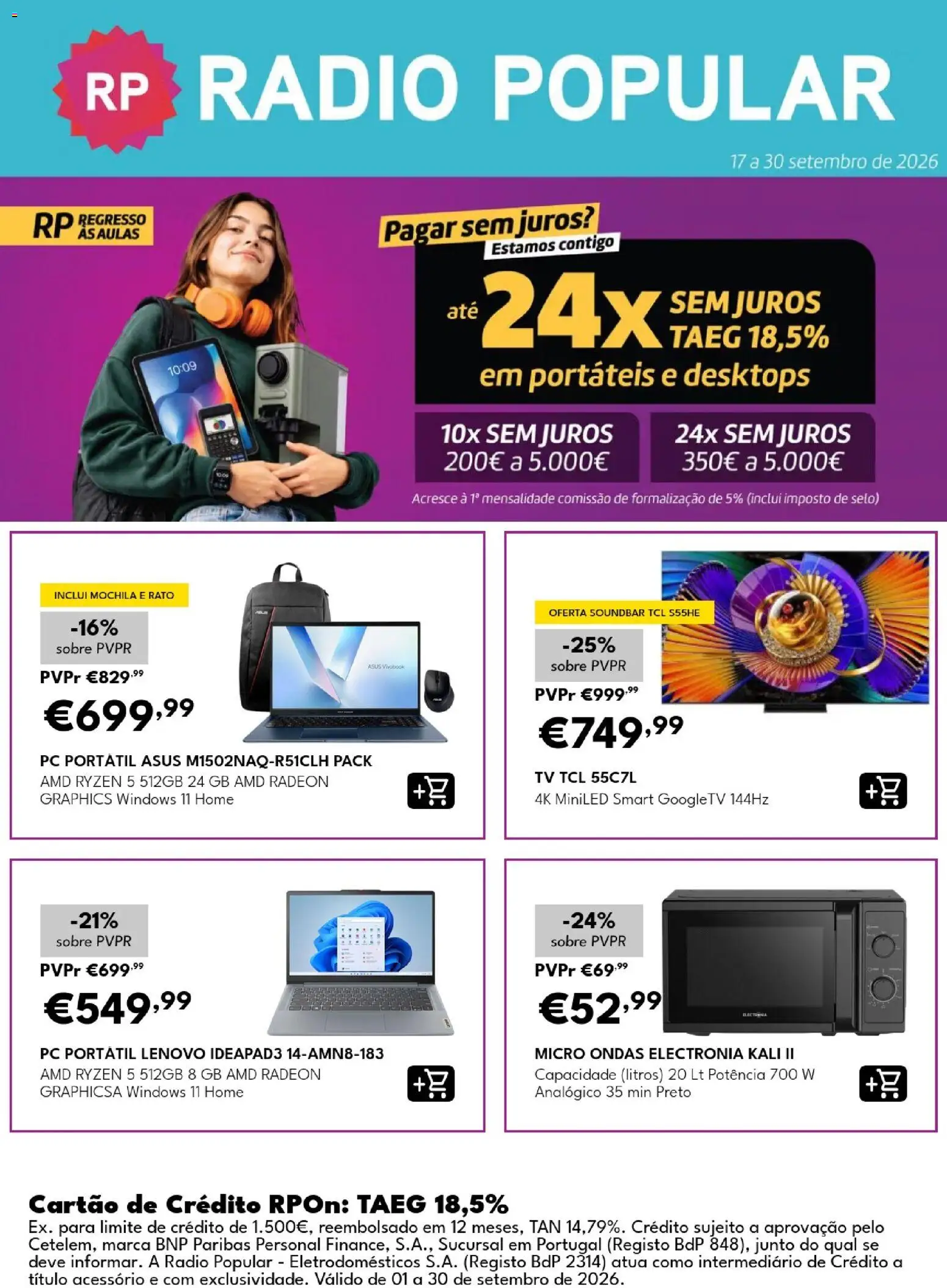 Radio Popular Pagar sem juros │ válido de 17/09/2026 | Página: 1 | Produtos: Mochila, PC, Rádio, Soundbar