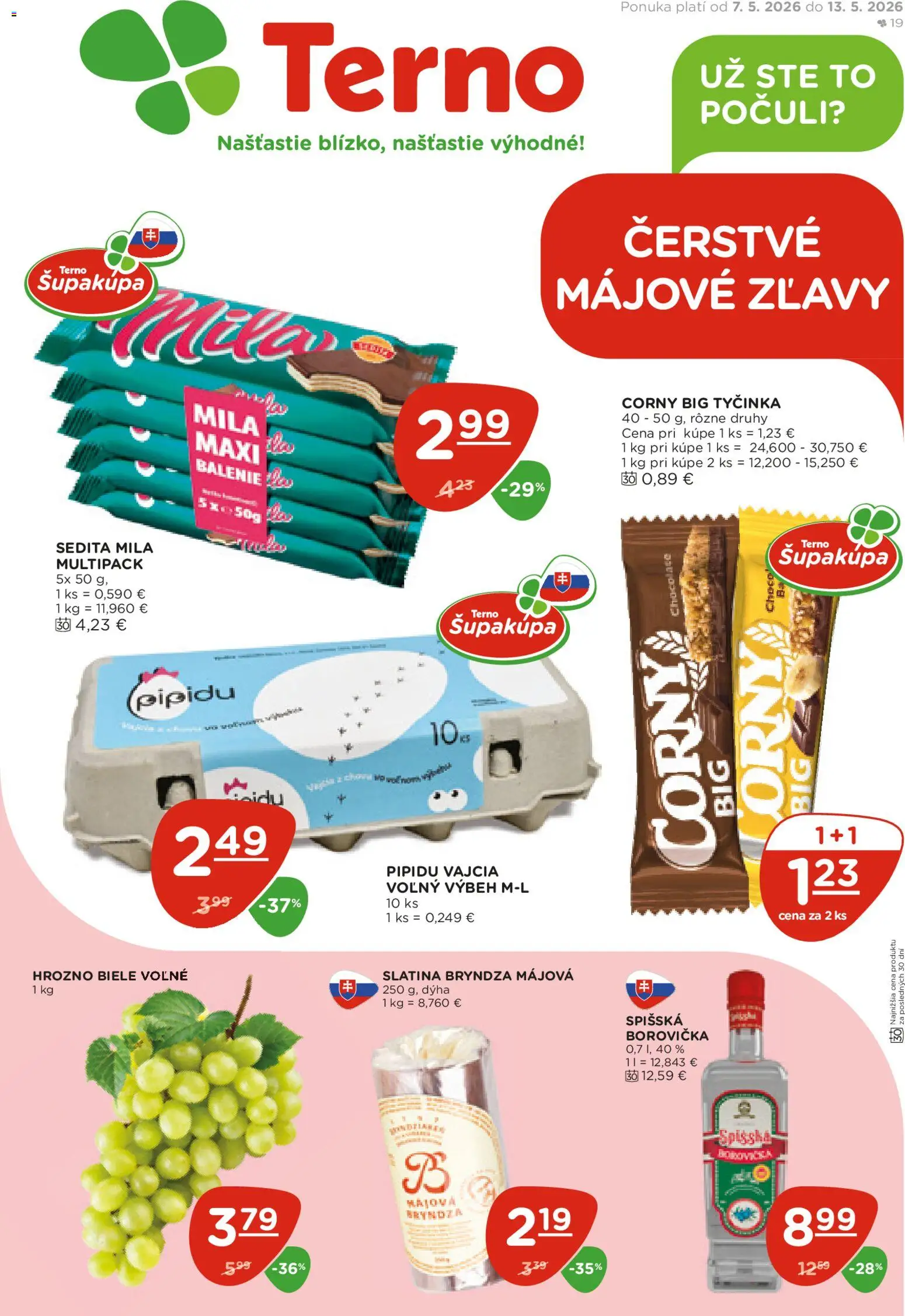 Nové Terno akcie – leták je platný od 07.05.2026 | Strana: 1 | Produkty: Borovička, Bryndza, Mila, Hrozno