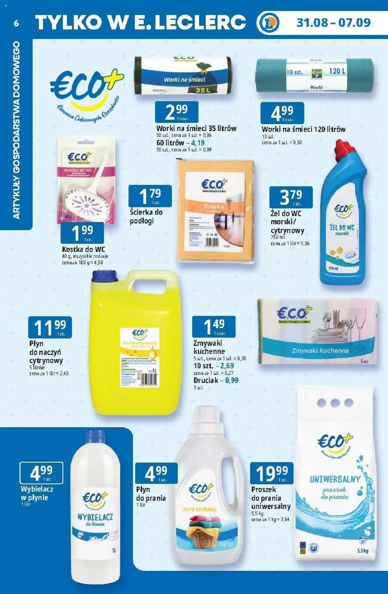 E.Leclerc gazetka od 31.08.2026 | Strona: 6 | Produkty: Worki na śmieci, Proszek, Druciak, Żel do WC