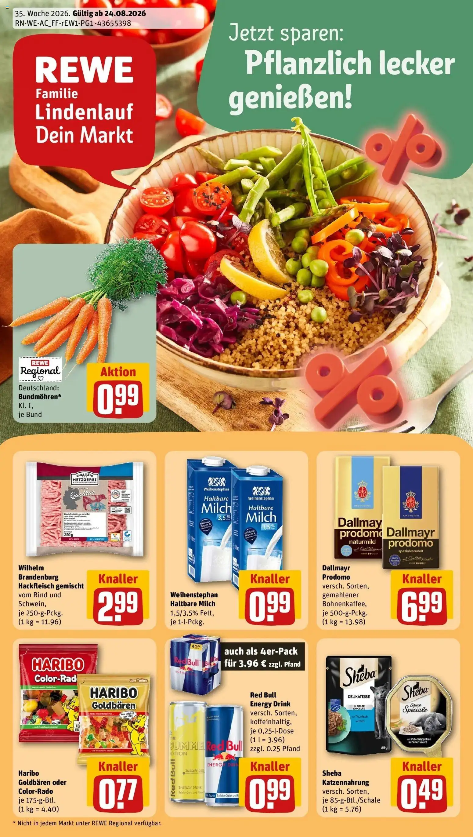 REWE Prospekt ab 24.08.2026 zum Blättern » Angebote | Seite: 1 | Produkte: Red bull, Haribo, Energy, Hackfleisch