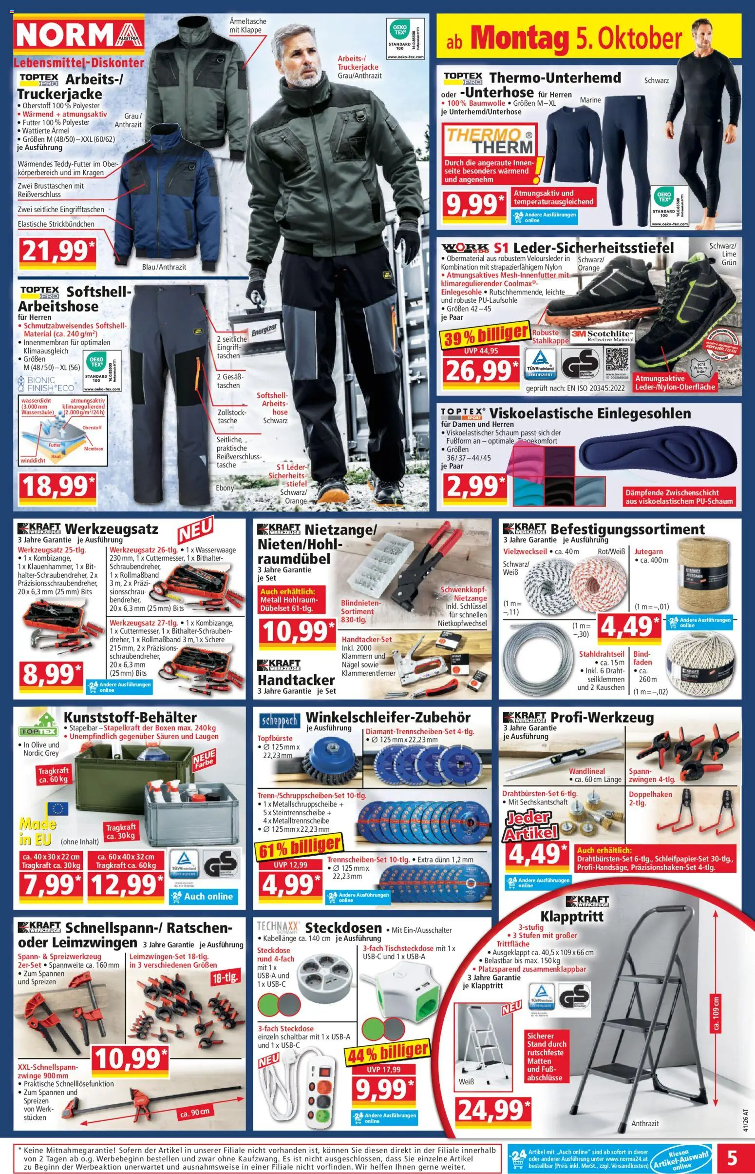 Norma Flugblatt gültig ab 05.10.2026 | Seite: 5 | Produkte: Hose, Stiefel, Tasche, Steckdose