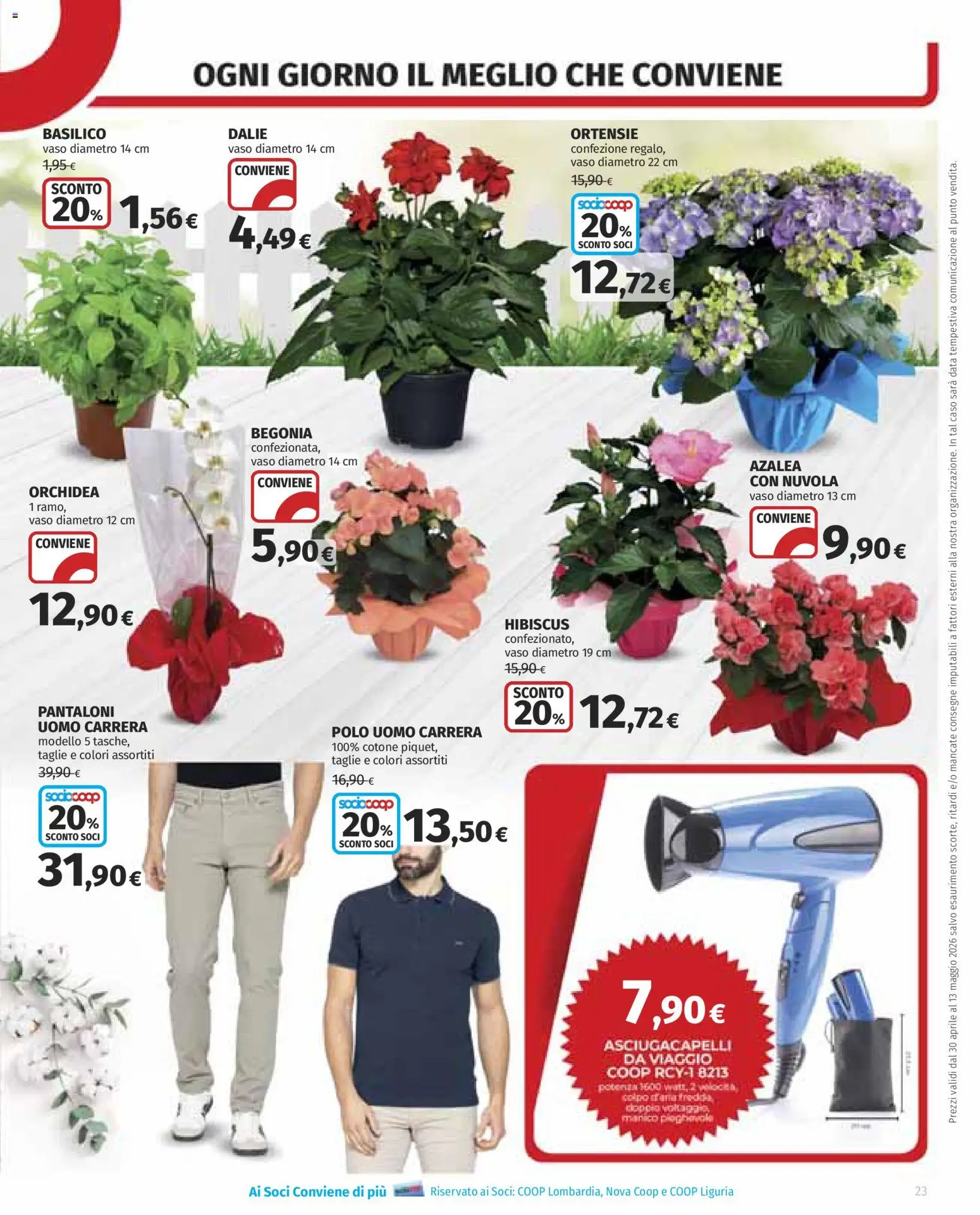 Volantino COOP del 30.04.2026 | Pagina: 23 | Prodotti: Pantaloni, Basilico, Asciugacapelli, Vaso