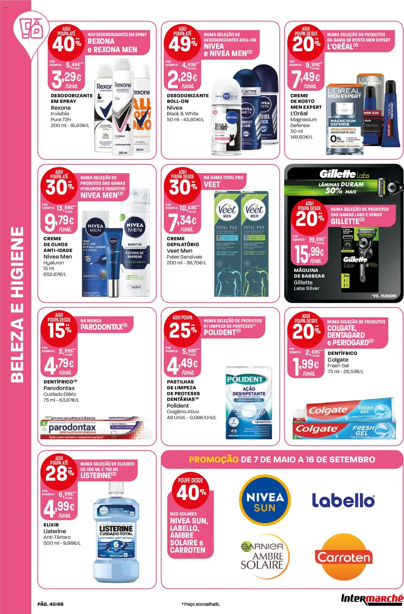 Intermarché folheto │ válido de 07.05.2026 | Página: 40 | Produtos: Máquina de barbear, Desodorizante, Creme depilatório, Creme