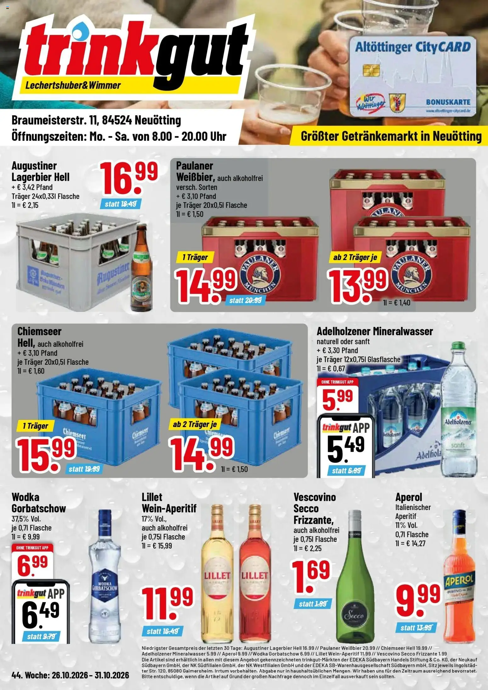 Trinkgut Prospekt Neuötting (ab 26.10.2026) » Angebote online | Seite: 1 | Produkte: Weißbier, Adelholzener, Wodka, Uhr