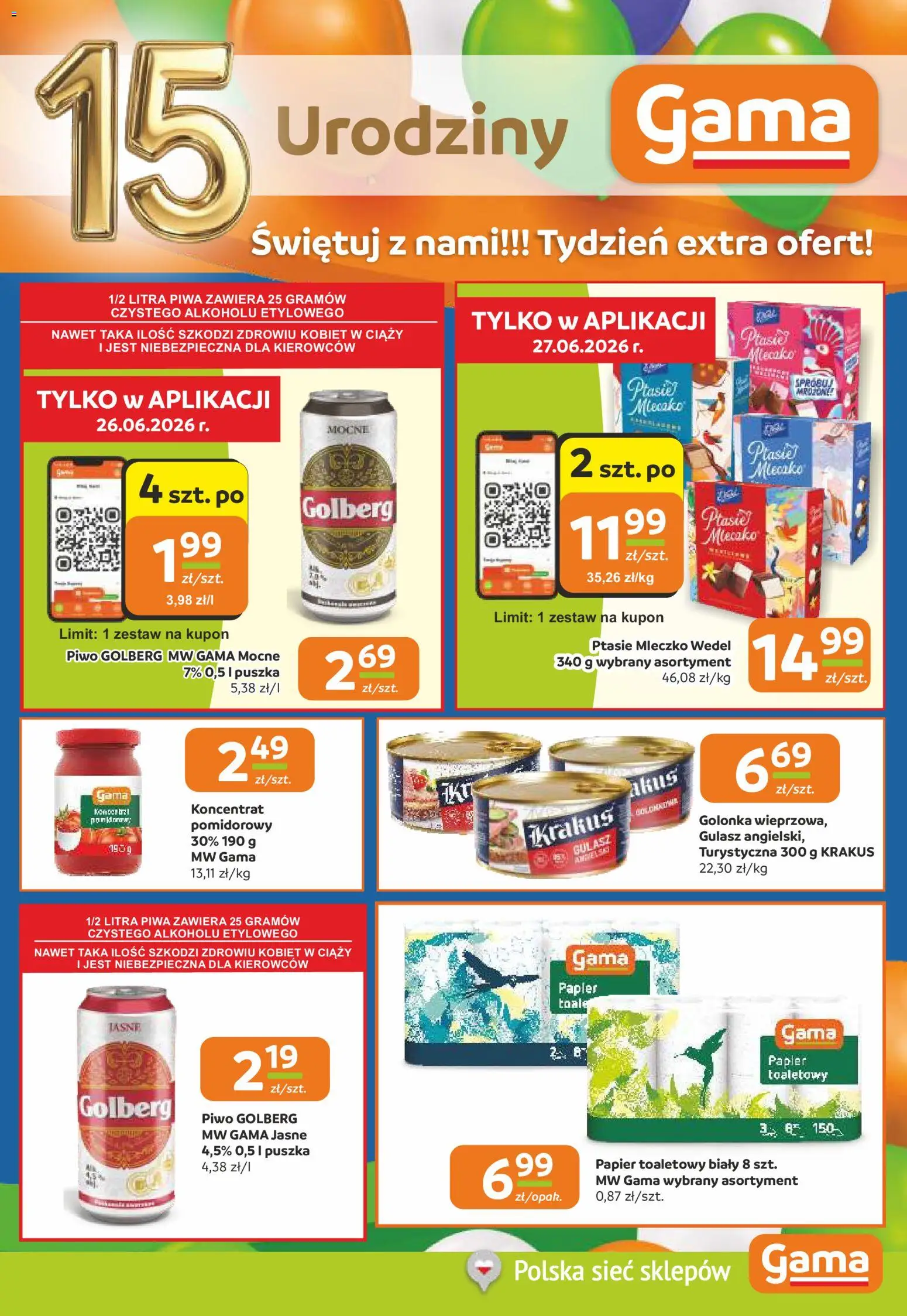 Gama gazetka od 18.06.2026 | Strona: 9 | Produkty: Papier toaletowy, Ptasie mleczko, Piwo, Gulasz