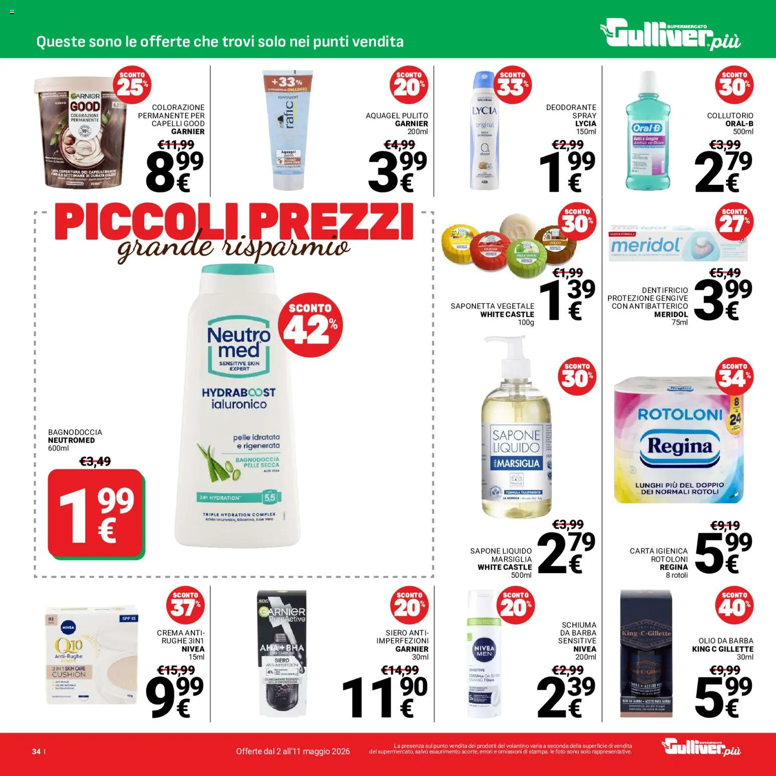 Volantino Gulliver del 02.05.2026 | Pagina: 34 | Prodotti: Deodorante, Saponetta, Olio, Aloe vera