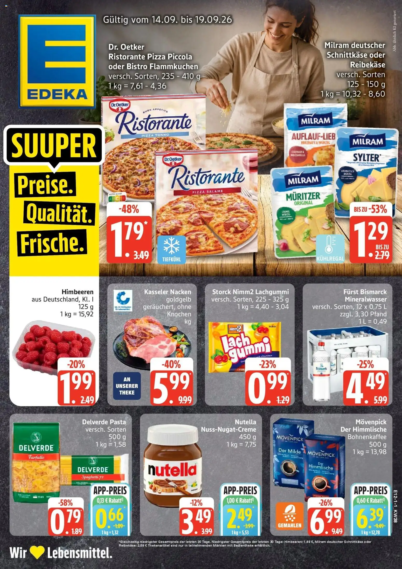 Edeka Prospekt Rostock-Gehlsdorf (ab 14.09.2026) » Angebote Online | Seite: 1 | Produkte: Theke, Mineralwasser, Milram, Reibekase